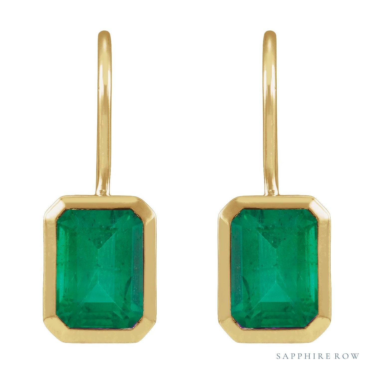 Sapphire Row Lab-Grown Gemstone Bezel Drop Earrings - Emerald, 14K Yellow Gold, 8 x 6 mm