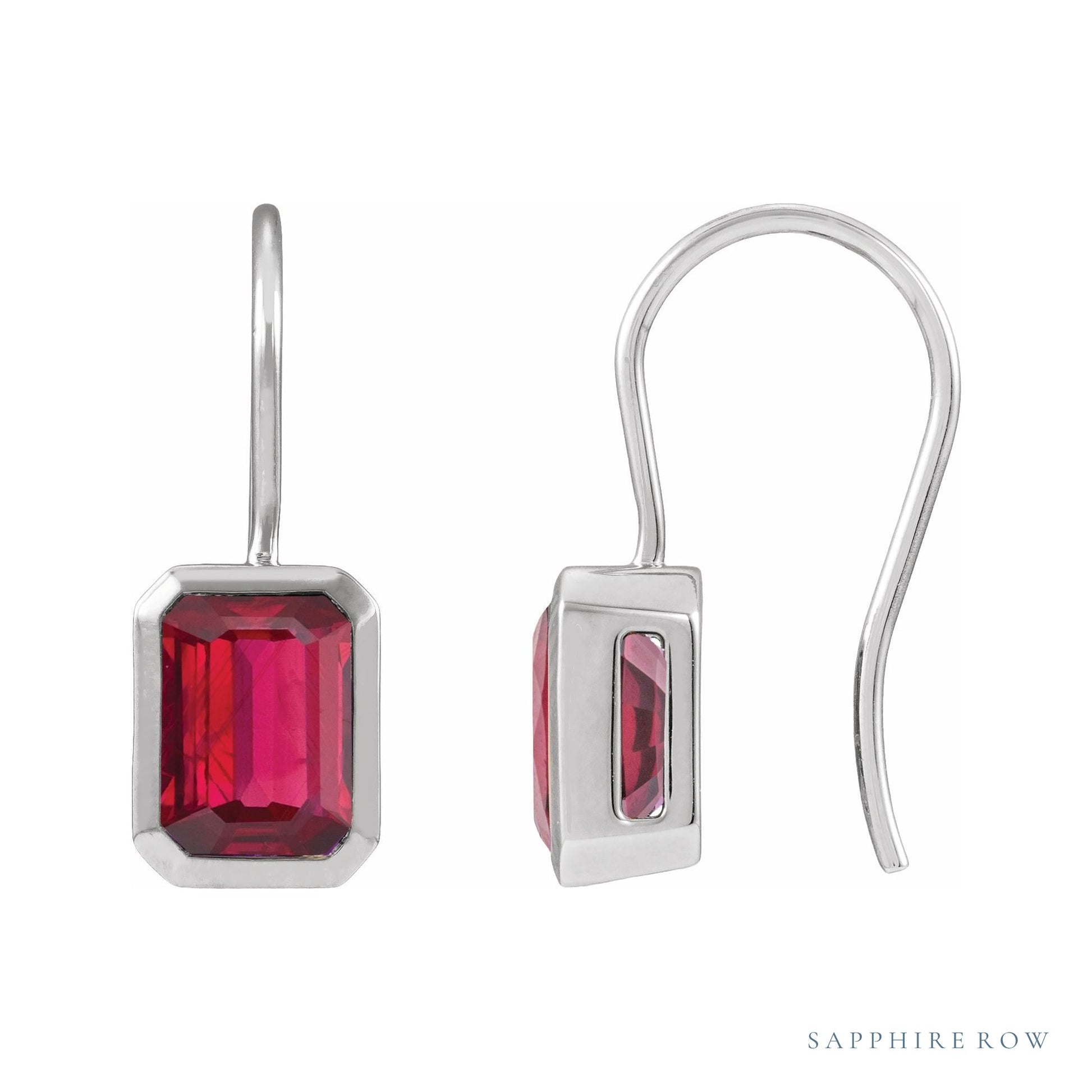 Sapphire Row Lab-Grown Gemstone Bezel Drop Earrings - Ruby, Platinum
