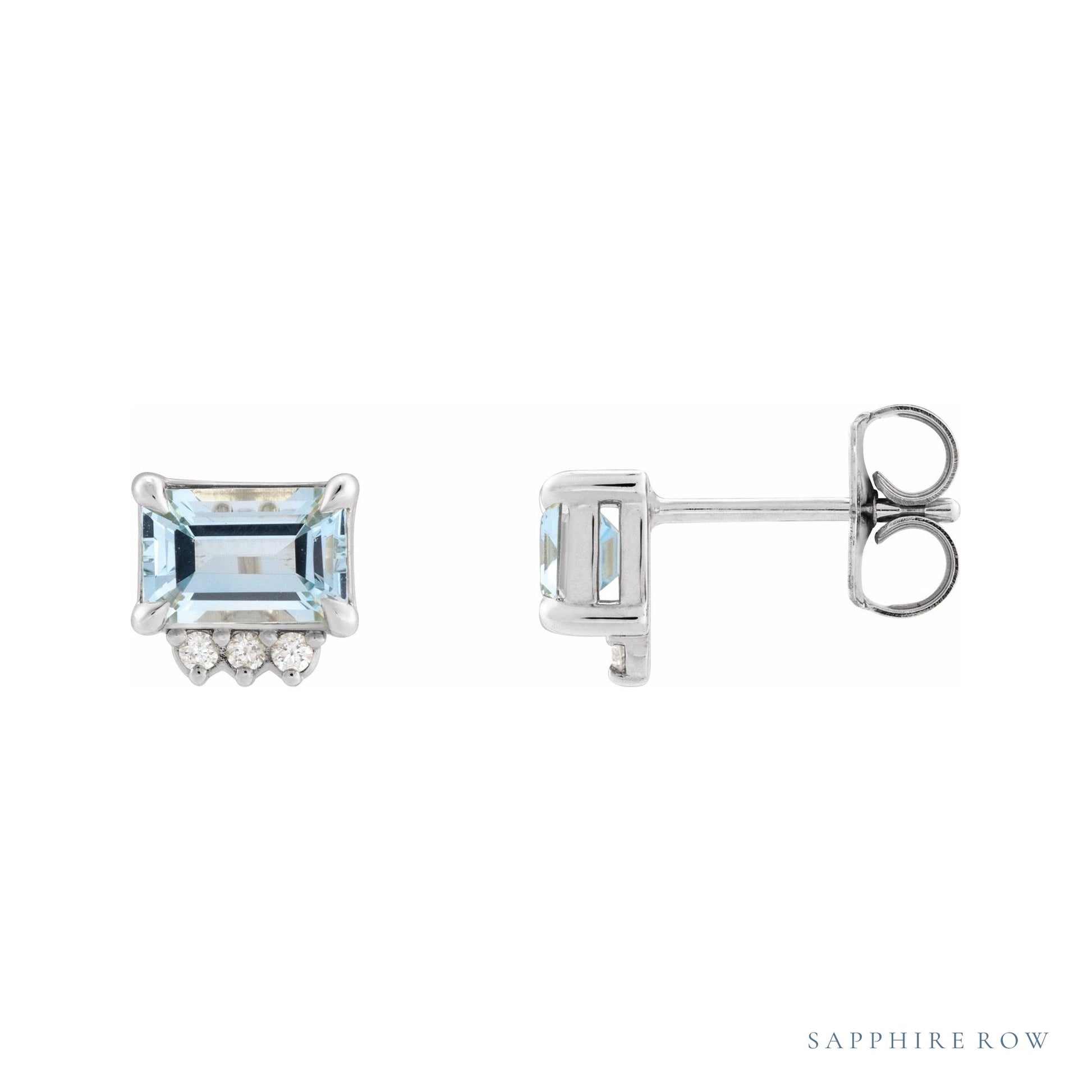Sapphire Row Natural Topaz Accented Emerald-Cut Studs - Sky Blue Topaz, 14K White Gold