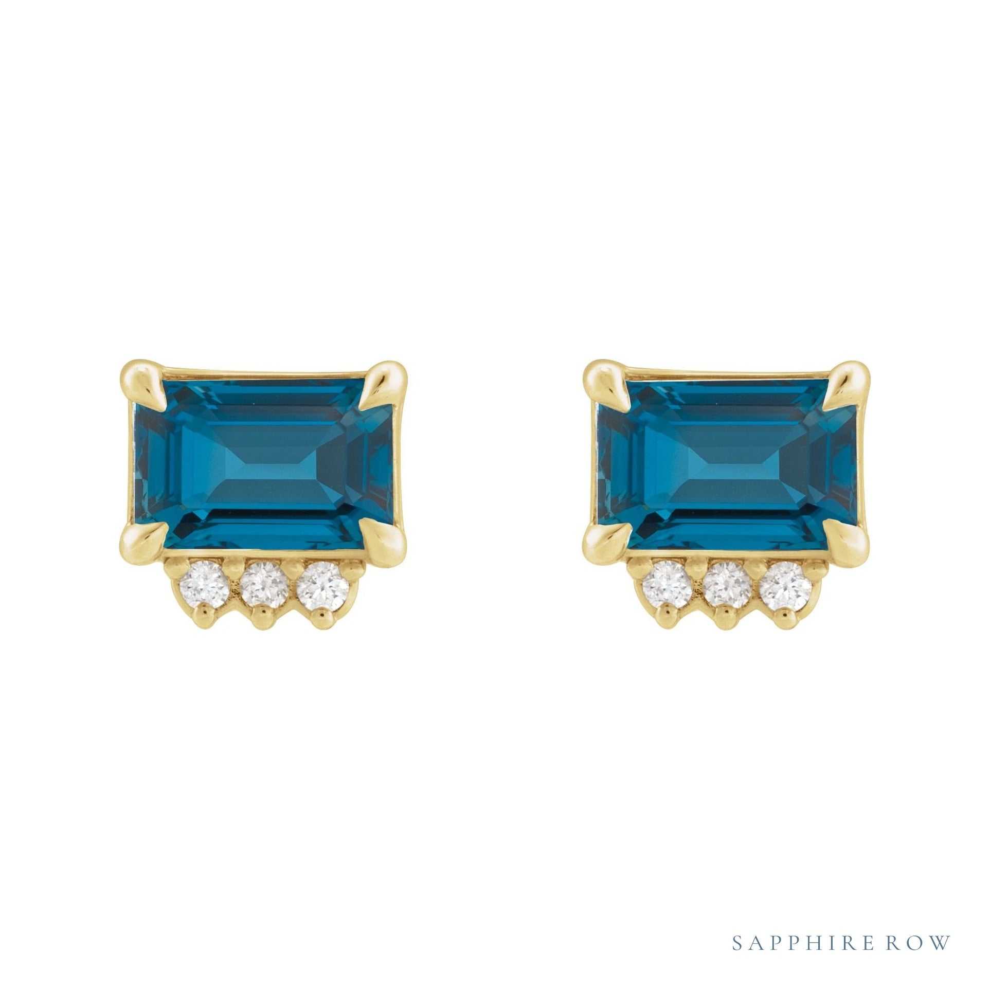 Sapphire Row Natural Topaz Accented Emerald-Cut Studs - London Blue Topaz, 14K Yellow Gold (view 2)