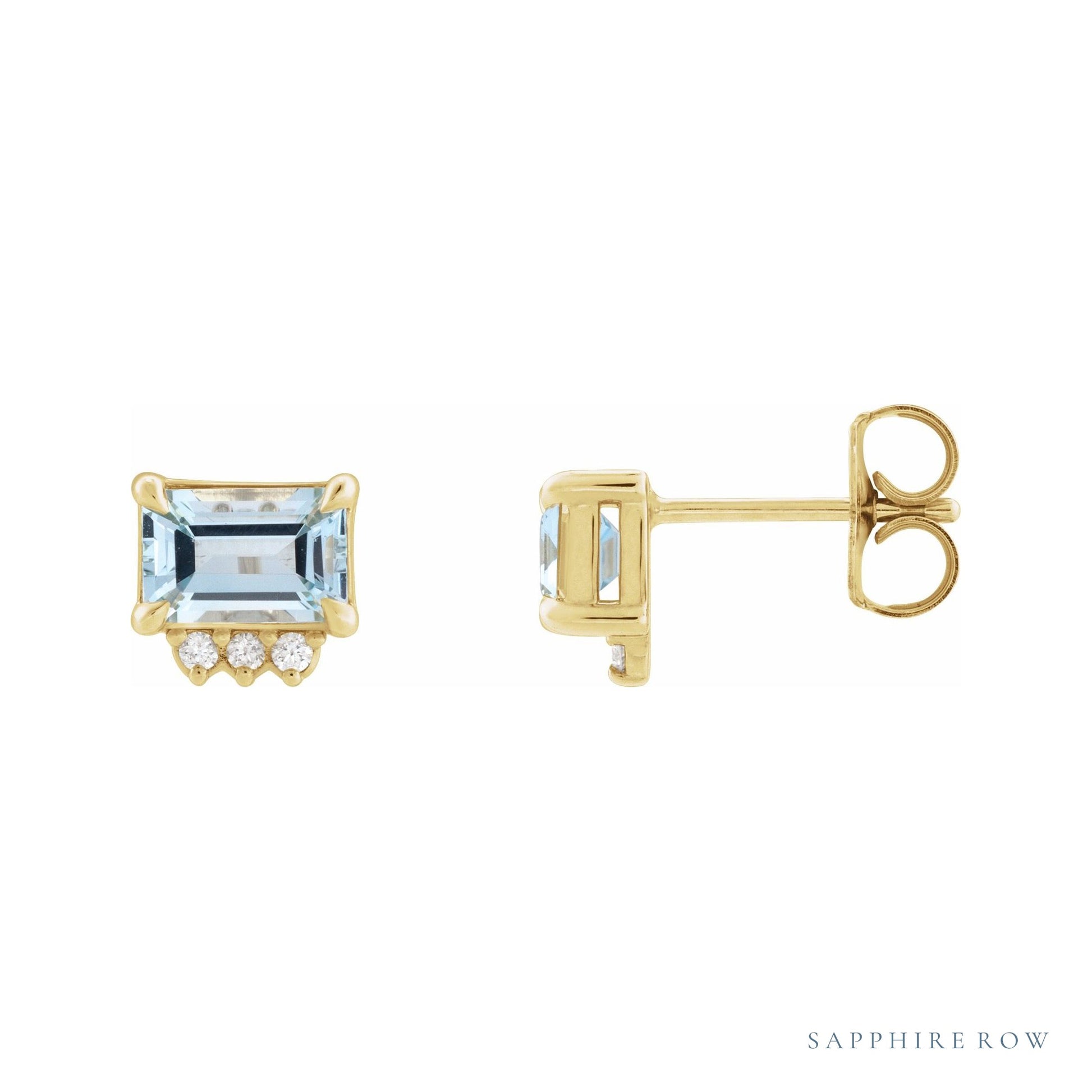 Sapphire Row Natural Topaz Accented Emerald-Cut Studs - Sky Blue Topaz, 14K Yellow Gold