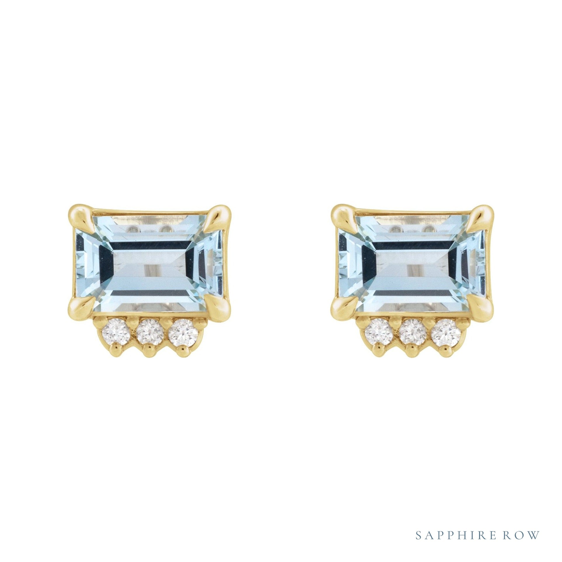 Sapphire Row Natural Topaz Accented Emerald-Cut Studs - Sky Blue Topaz, 14K Yellow Gold (view 2)