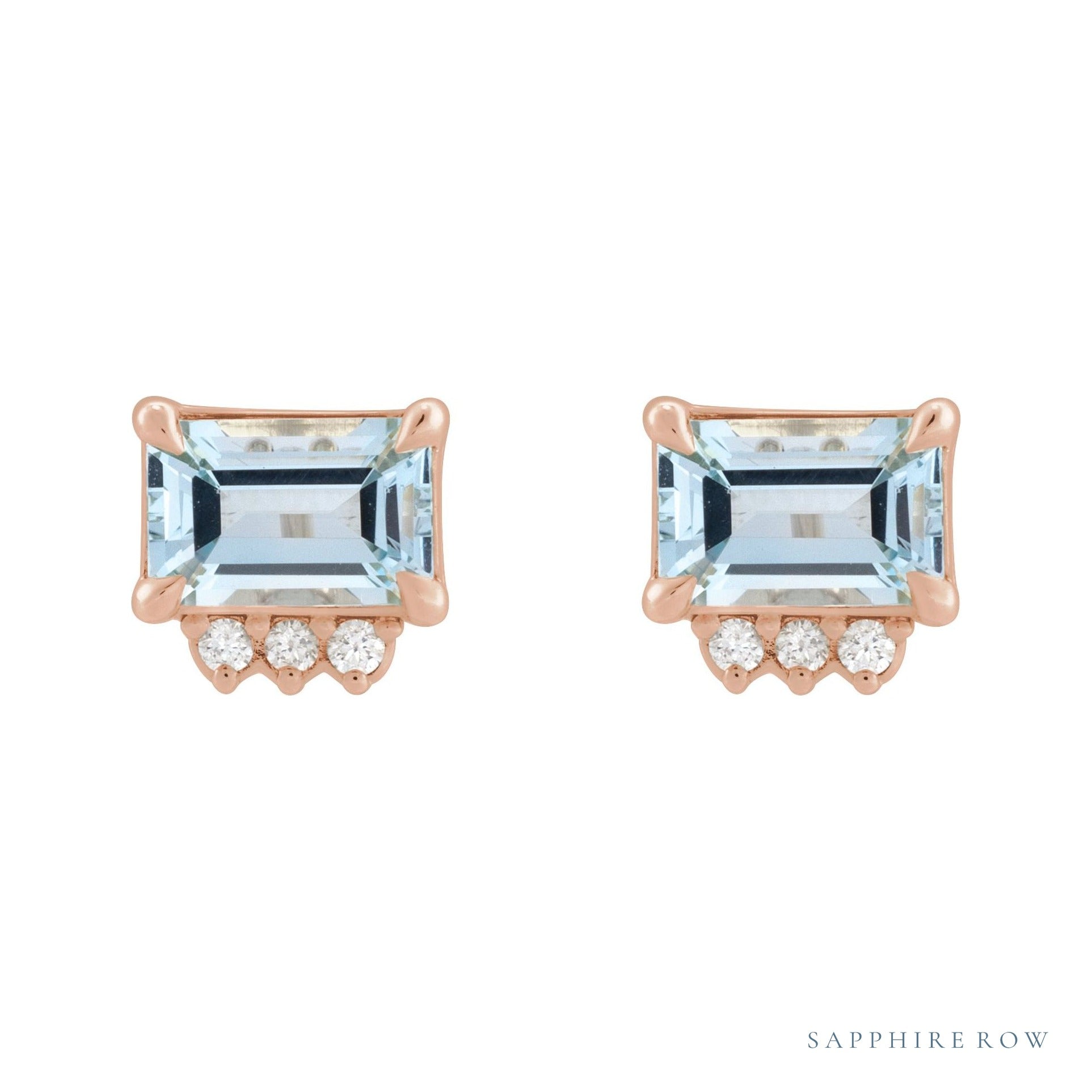 Sapphire Row Natural Topaz Accented Emerald-Cut Studs - Sky Blue Topaz, 14K Rose Gold (view 2)