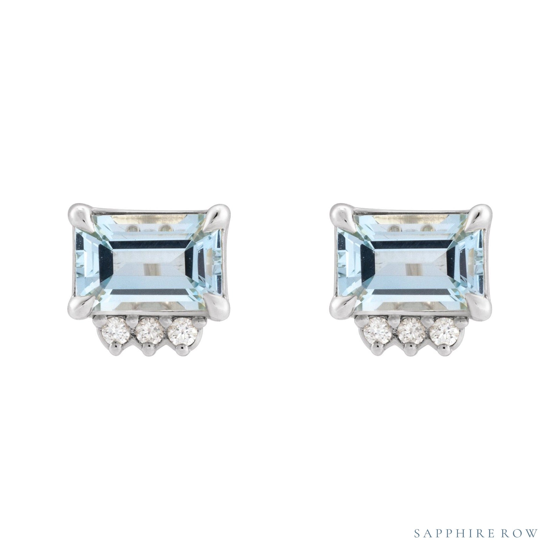 Sapphire Row Natural Topaz Accented Emerald-Cut Studs - Sky Blue Topaz, Platinum (view 2)