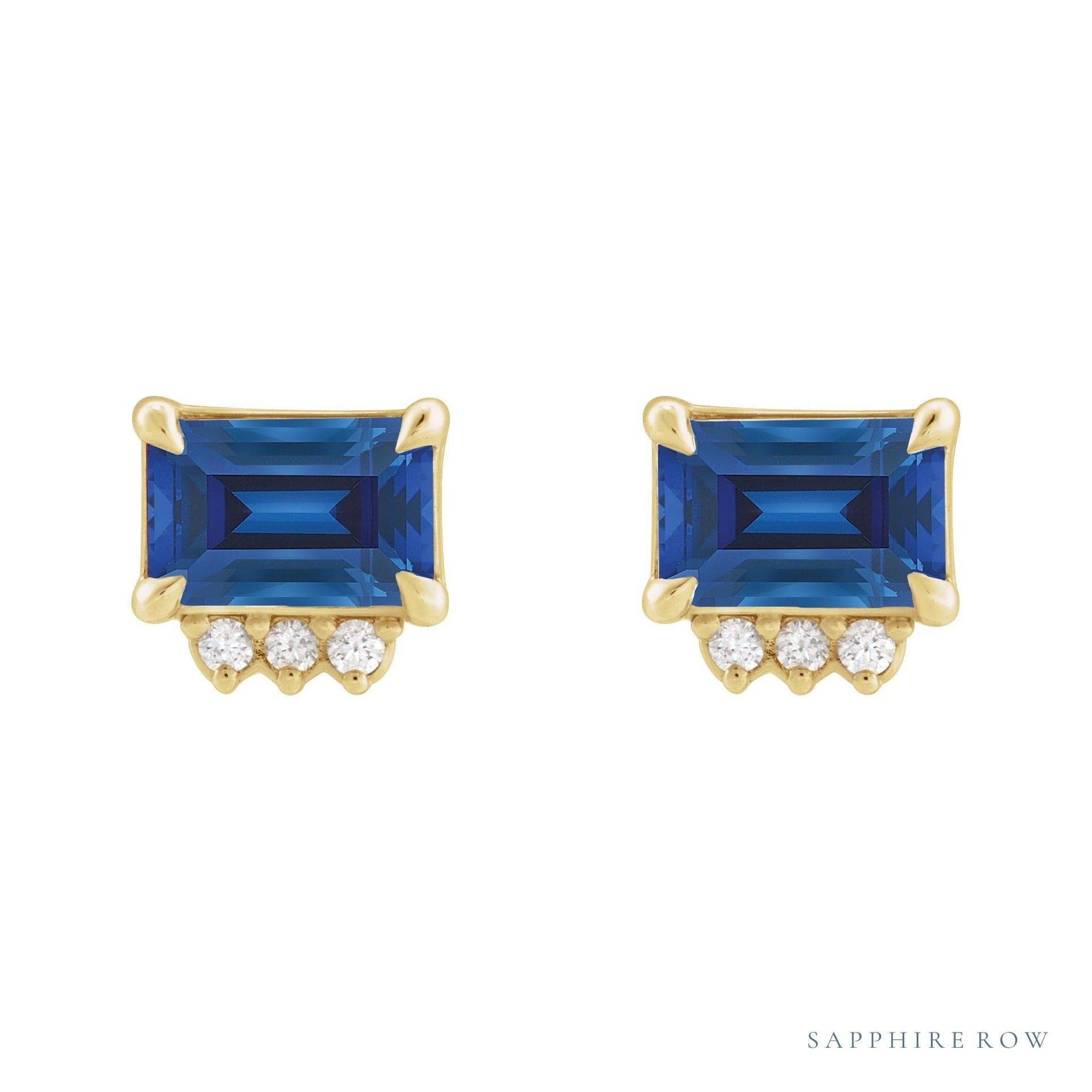 Sapphire Row Lab-Grown Gemstone Accented Emerald-Cut Studs - Blue Sapphire, 14K Yellow Gold (view 2)