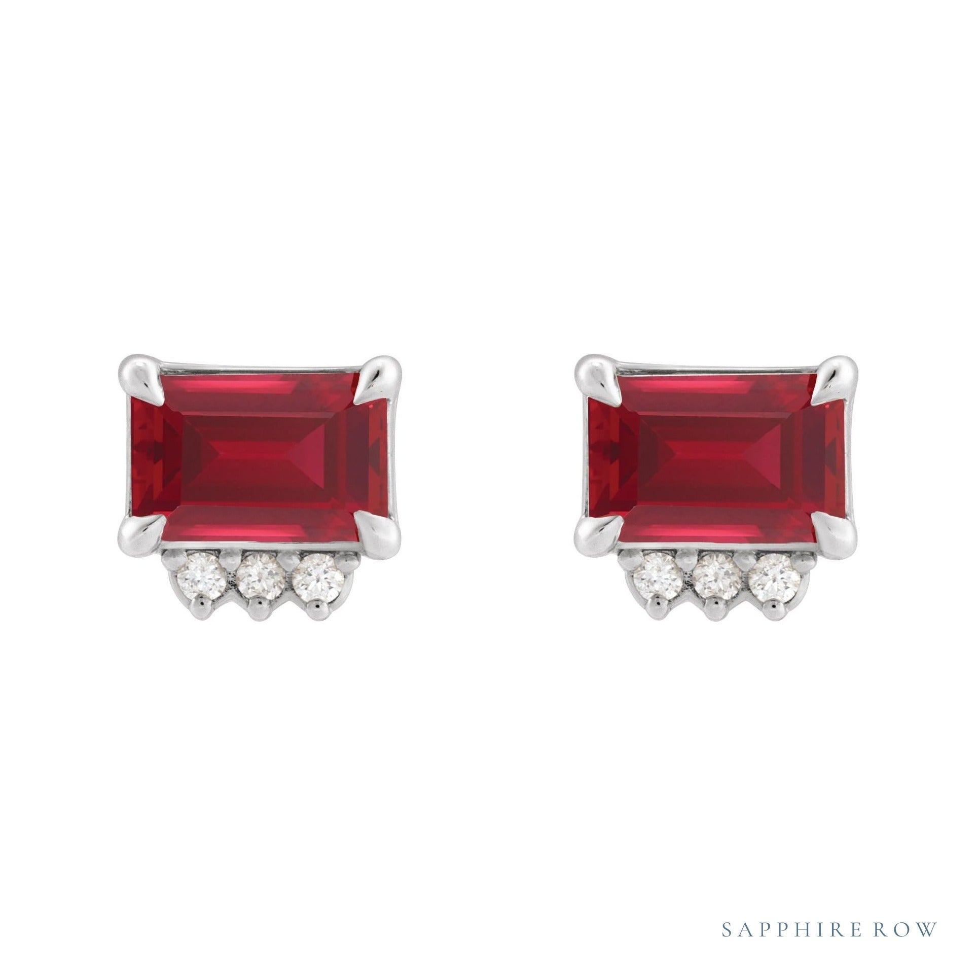 Sapphire Row Lab-Grown Gemstone Accented Emerald-Cut Studs - Ruby, Platinum (view 2)