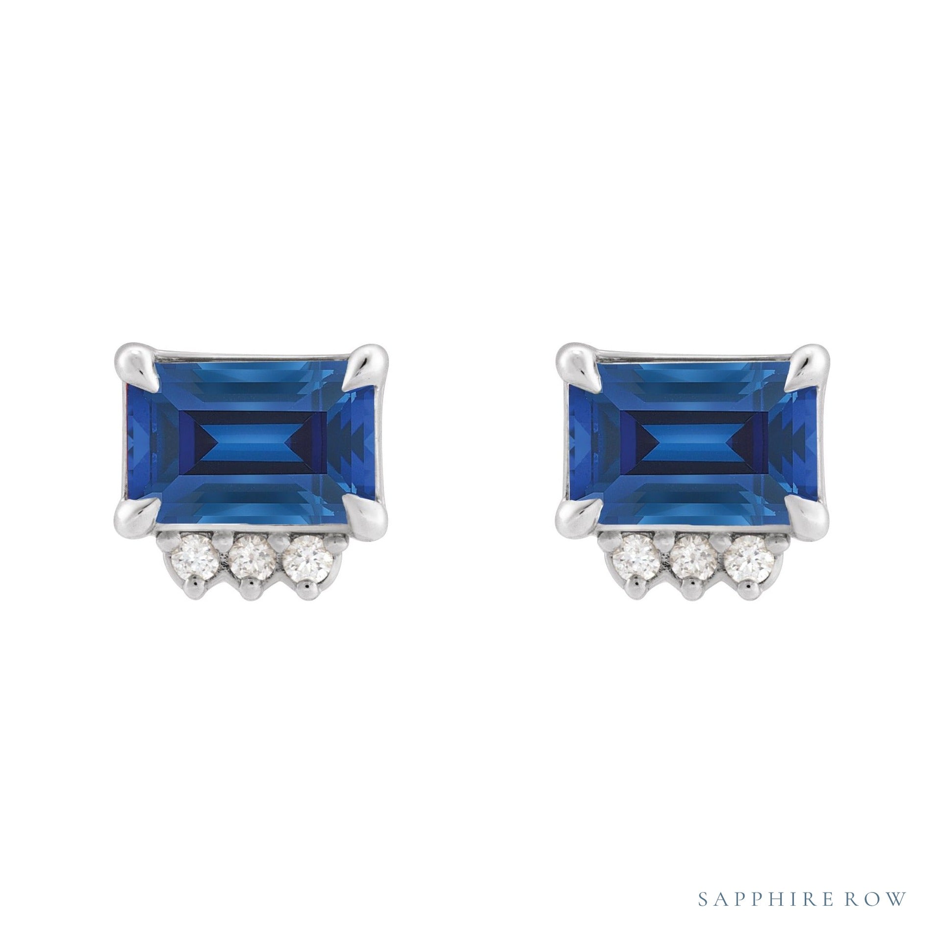 Sapphire Row Lab-Grown Gemstone Accented Emerald-Cut Studs - Blue Sapphire, Platinum (view 2)