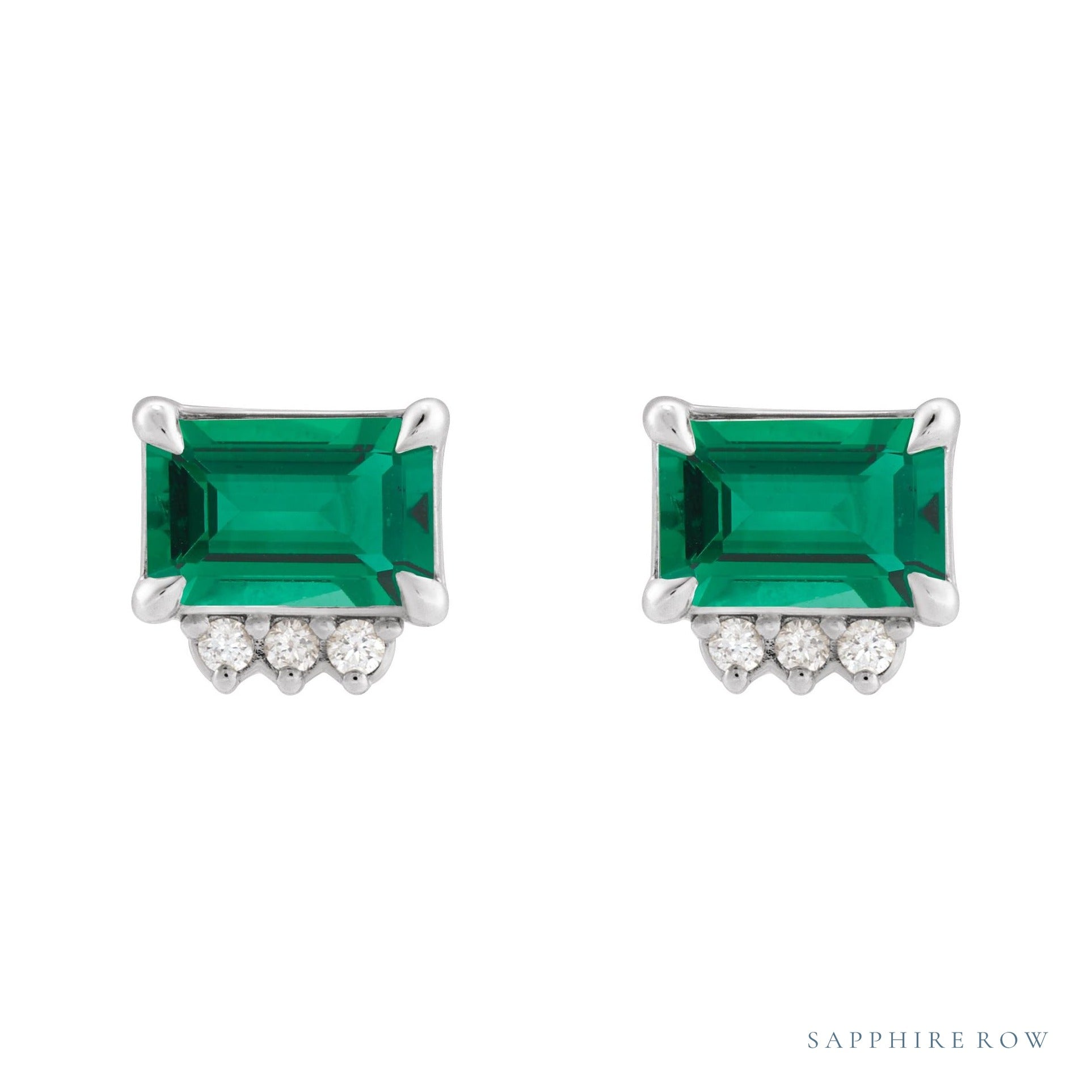 Sapphire Row Lab-Grown Gemstone Accented Emerald-Cut Studs - Emerald, 14K White Gold (view 2)