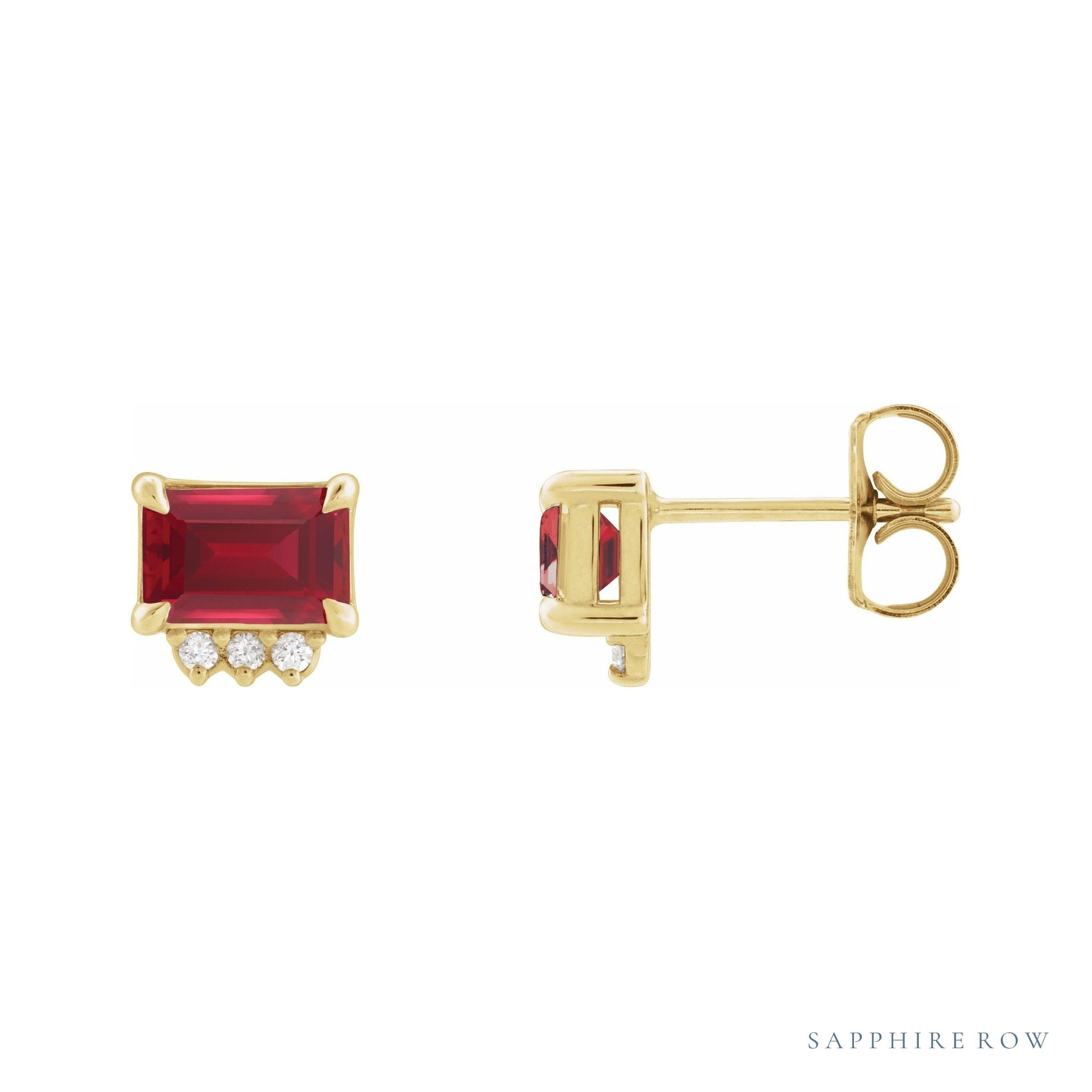 Sapphire Row Lab-Grown Gemstone Accented Emerald-Cut Studs - Ruby, 14K Yellow Gold