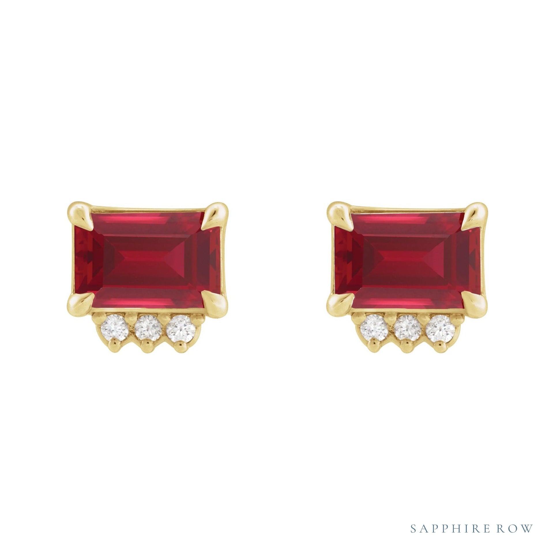 Sapphire Row Lab-Grown Gemstone Accented Emerald-Cut Studs - Ruby, 14K Yellow Gold (view 2)