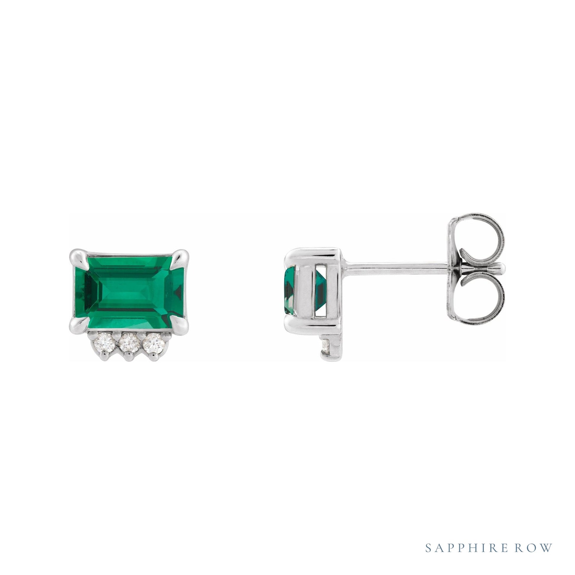 Sapphire Row Lab-Grown Gemstone Accented Emerald-Cut Studs - Emerald, Platinum