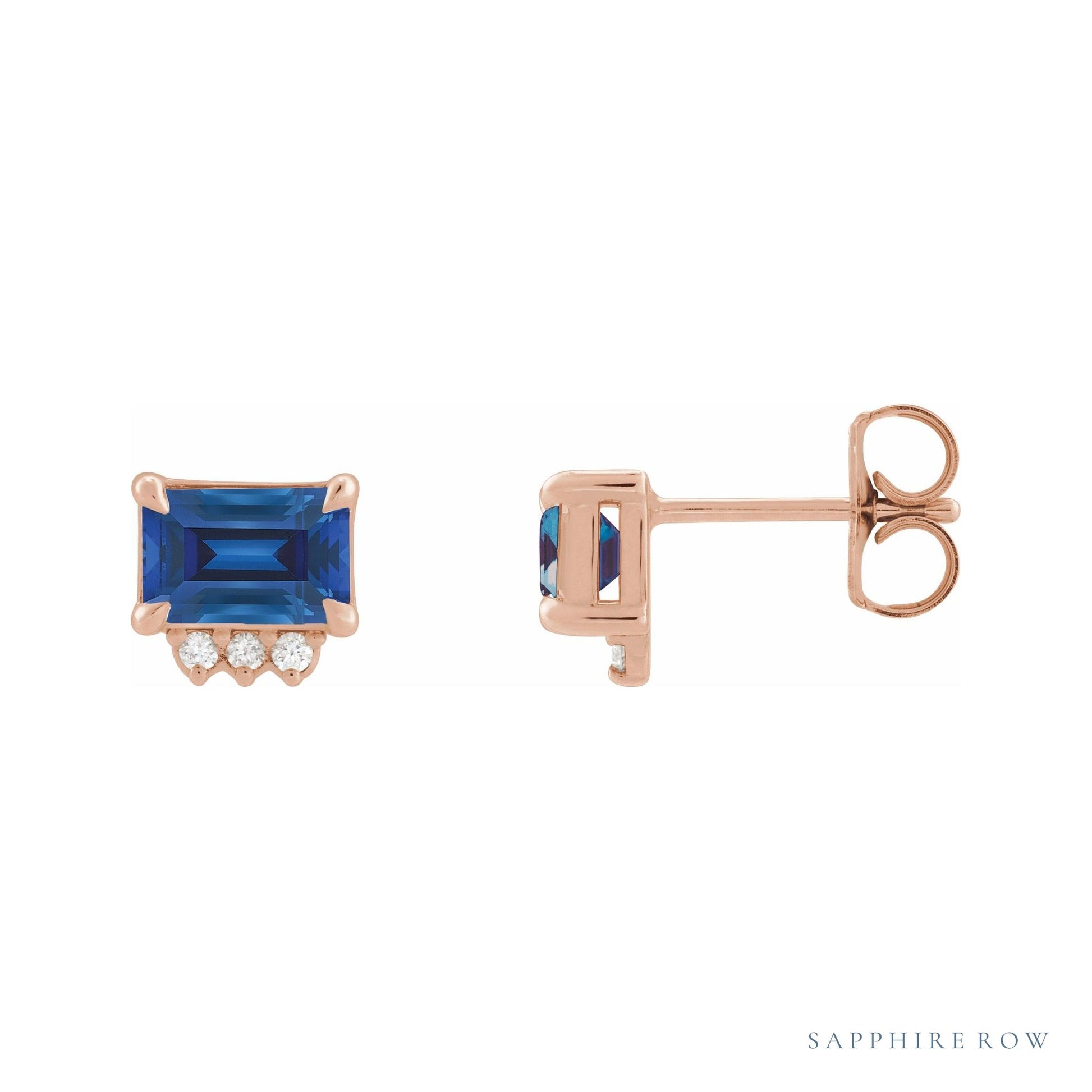 Sapphire Row Lab-Grown Gemstone Accented Emerald-Cut Studs - Blue Sapphire, 14K Rose Gold