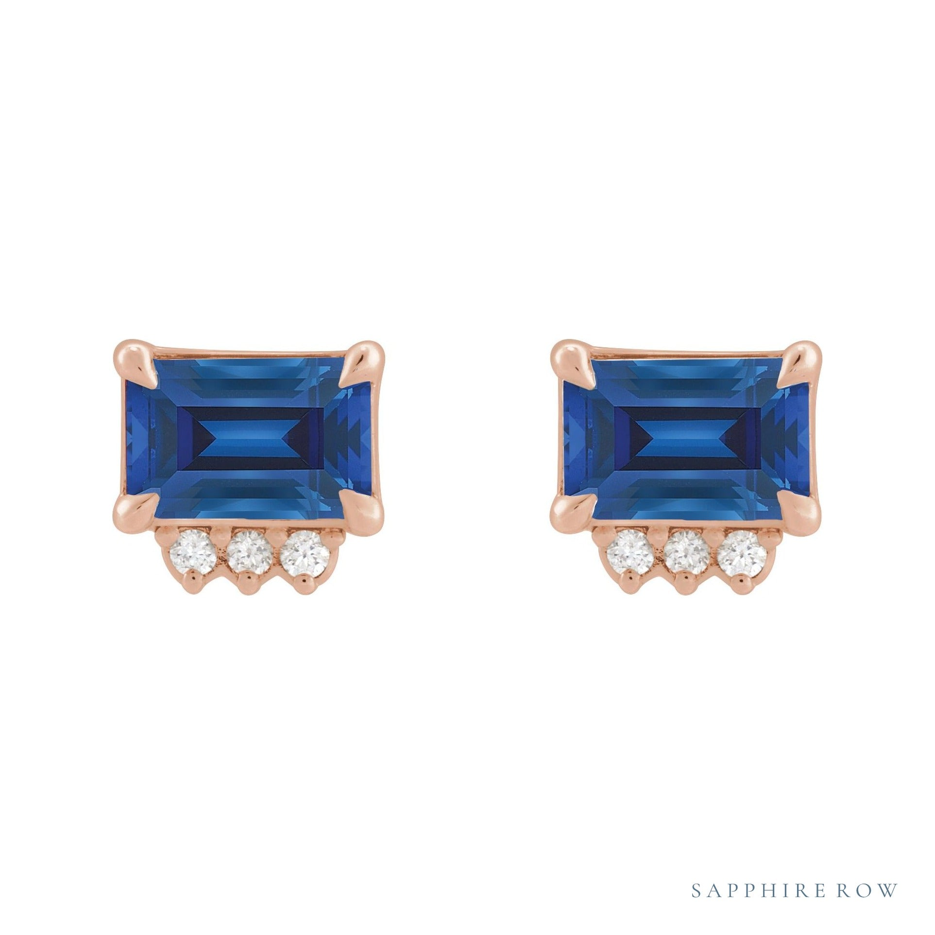 Sapphire Row Lab-Grown Gemstone Accented Emerald-Cut Studs - Blue Sapphire, 14K Rose Gold (view 2)