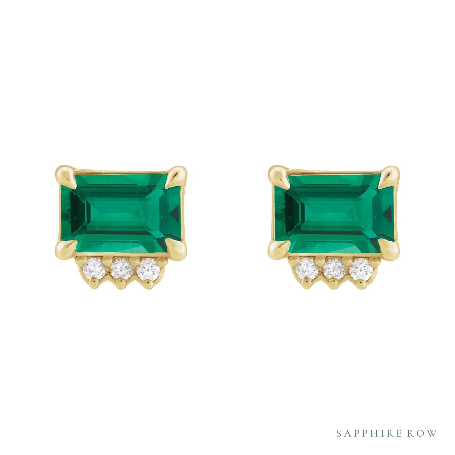 Sapphire Row Lab-Grown Gemstone Accented Emerald-Cut Studs - Emerald, 14K Yellow Gold (view 2)