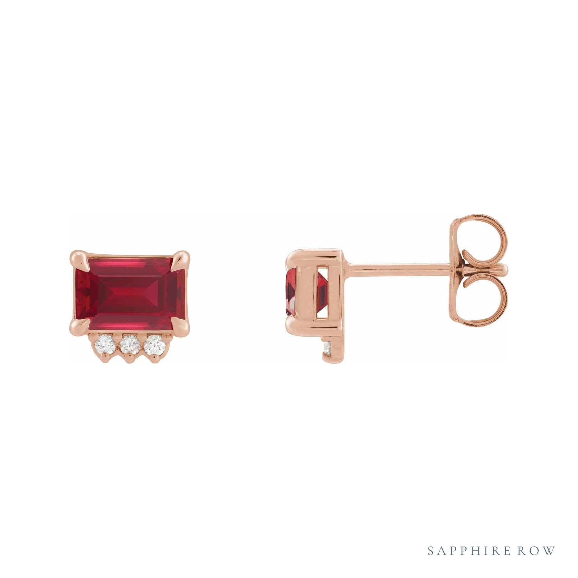 Sapphire Row Lab-Grown Gemstone Accented Emerald-Cut Studs - Ruby, 14K Rose Gold