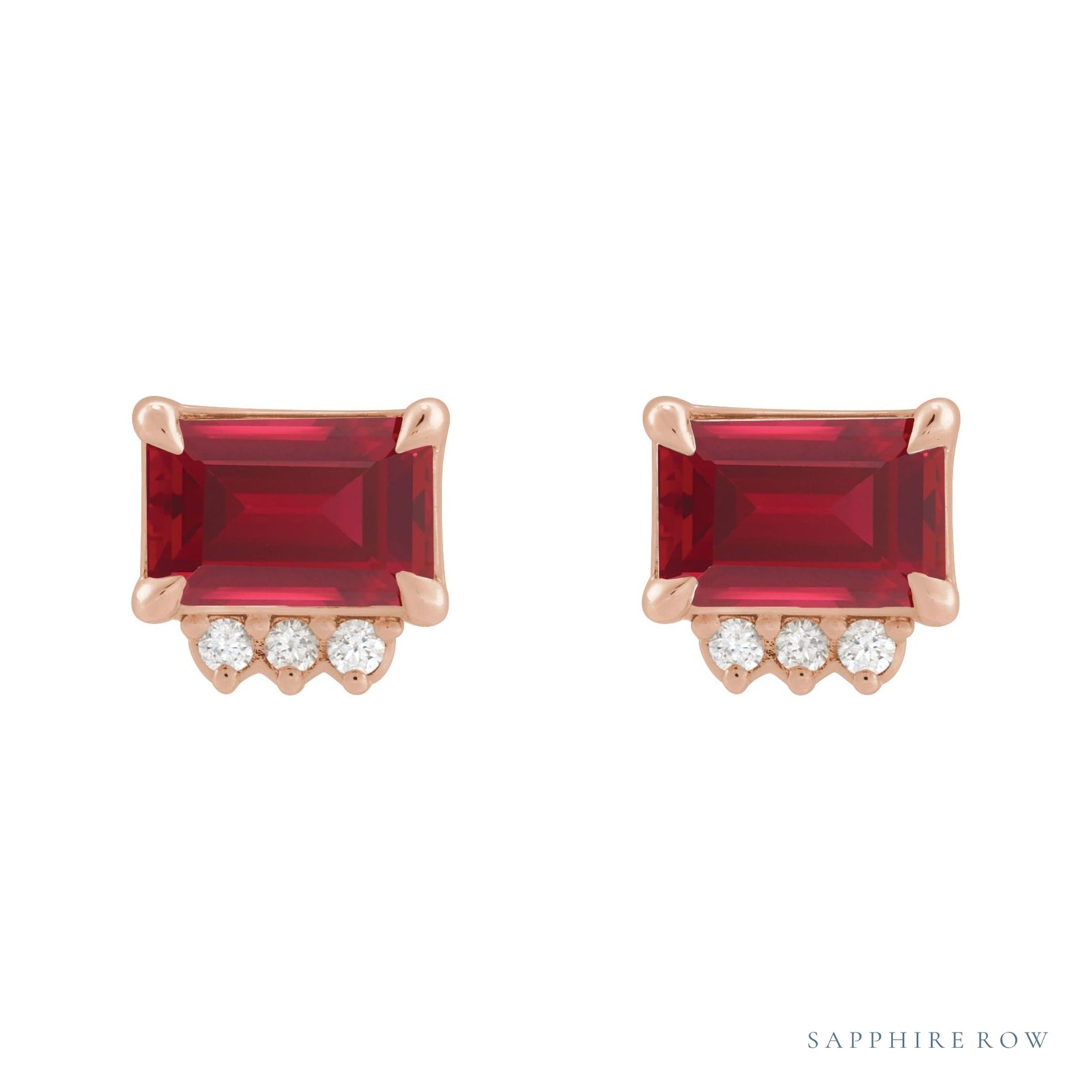 Sapphire Row Lab-Grown Gemstone Accented Emerald-Cut Studs - Ruby, 14K Rose Gold (view 2)