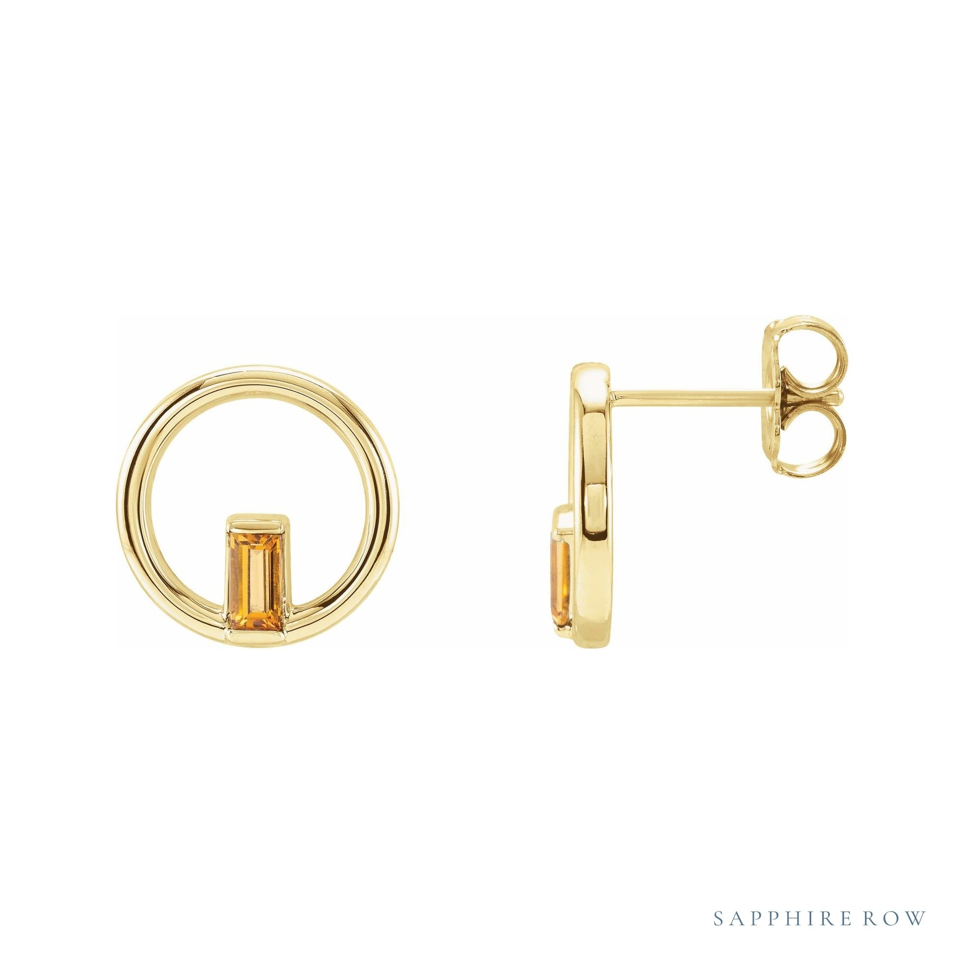 Sapphire Row Natural Gemstone Baguette Circle Earrings - Citrine, 14K Yellow Gold