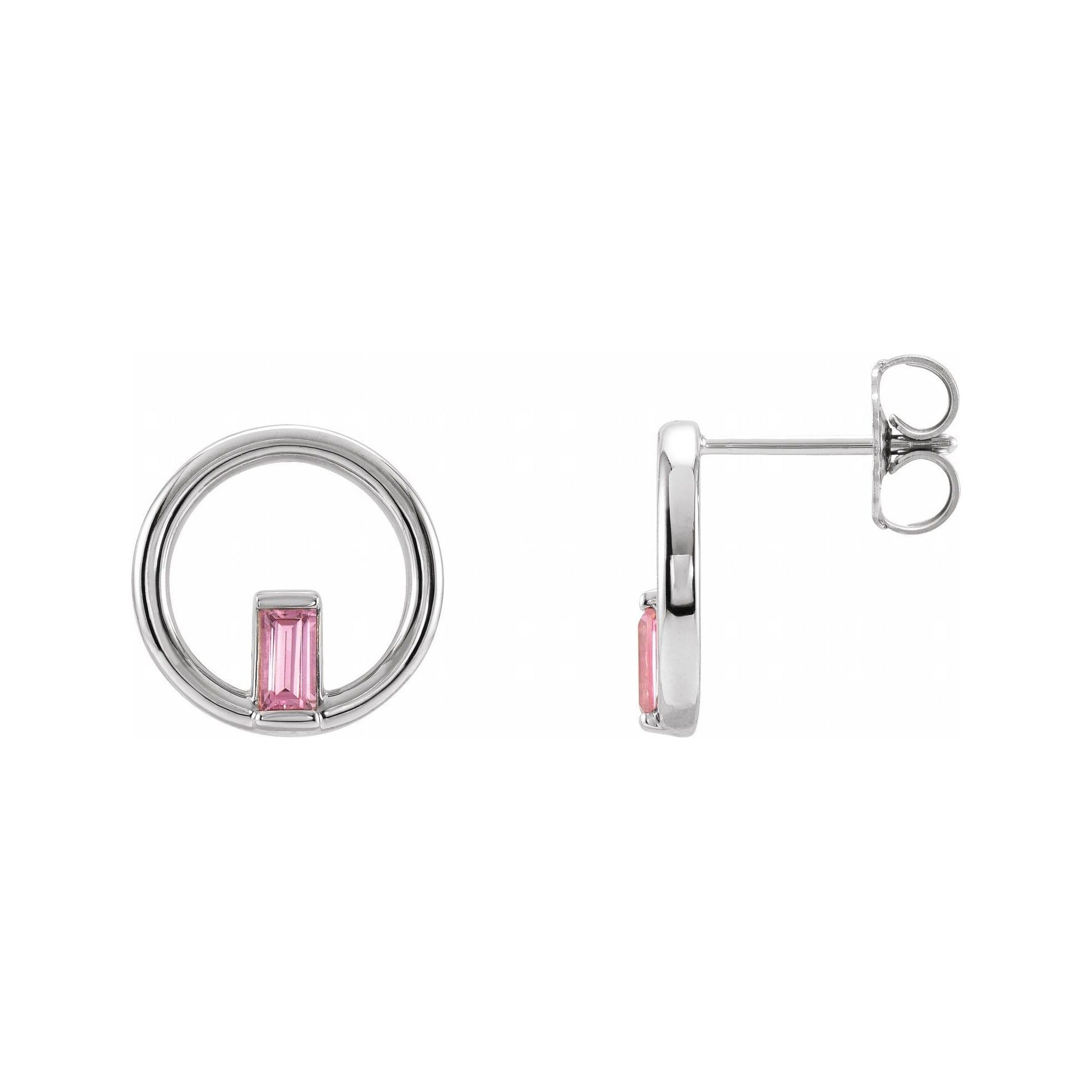 Sapphire Row Natural Gemstone Baguette Circle Earrings - Pink Tourmaline, 14K White Gold