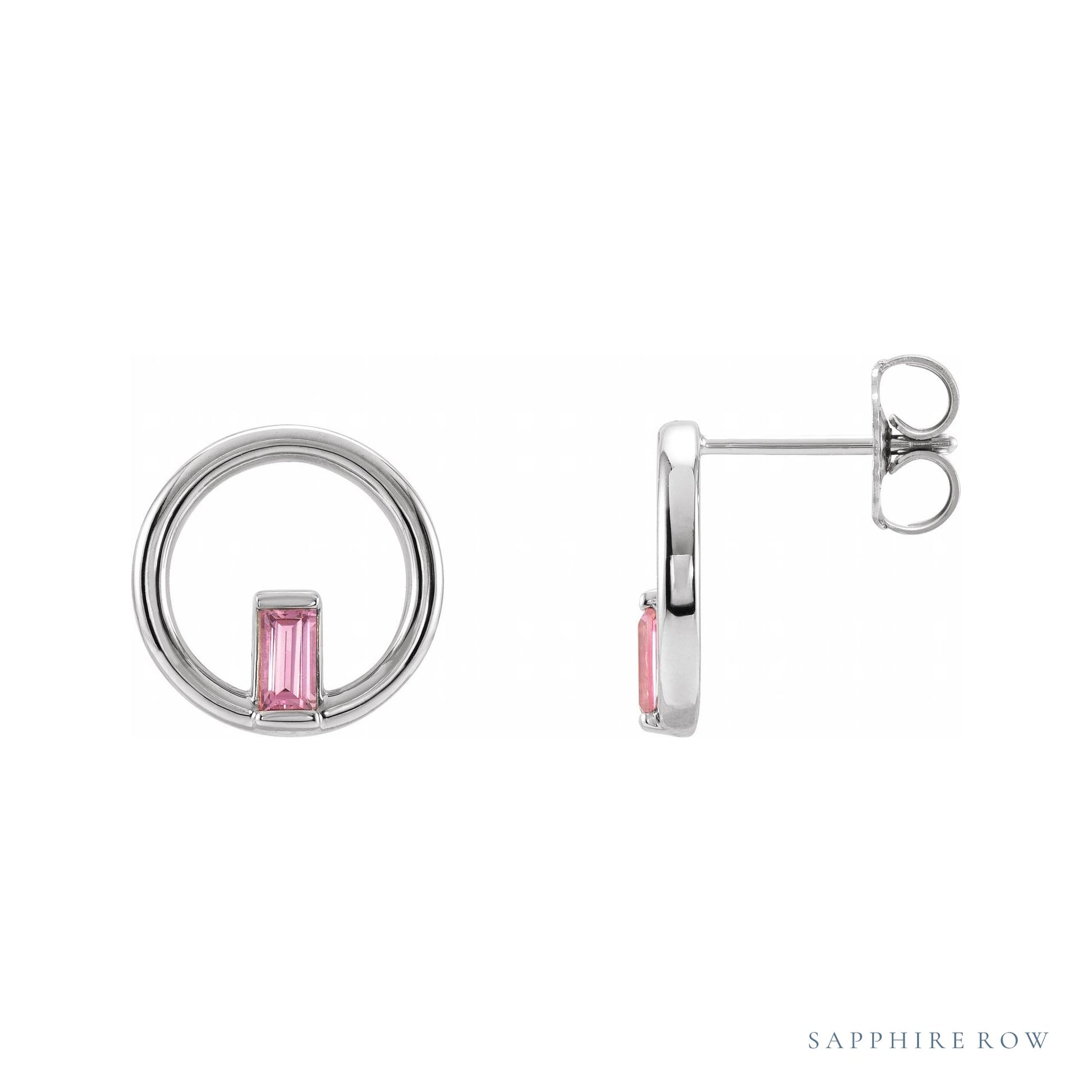Sapphire Row Natural Gemstone Baguette Circle Earrings - Pink Tourmaline, 14K White Gold