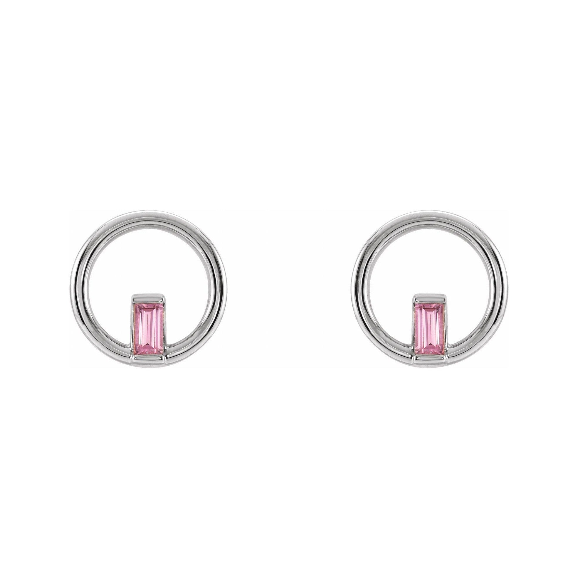 Sapphire Row Natural Gemstone Baguette Circle Earrings - Pink Tourmaline, 14K White Gold (view 2)