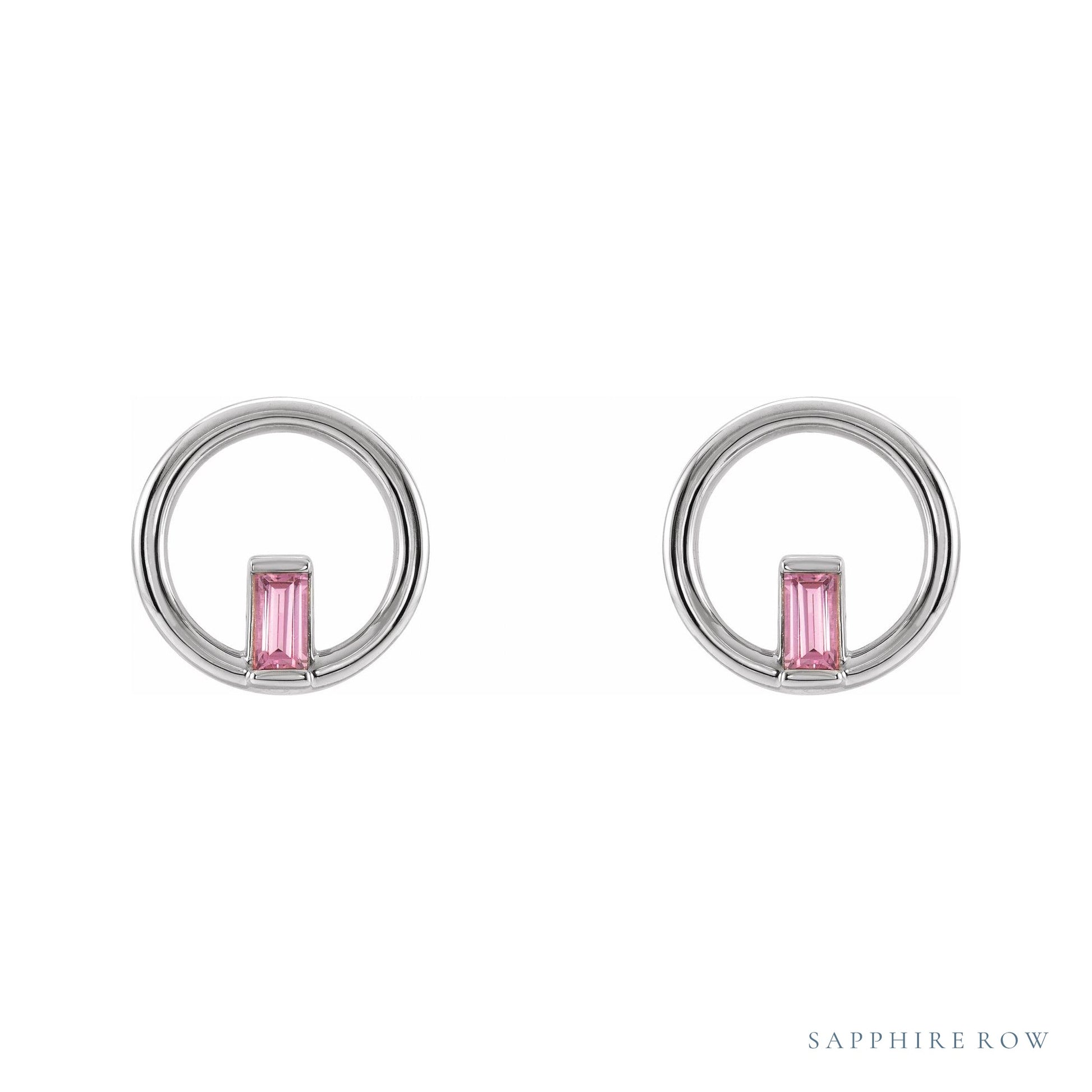 Sapphire Row Natural Gemstone Baguette Circle Earrings - Pink Tourmaline, 14K White Gold (view 2)