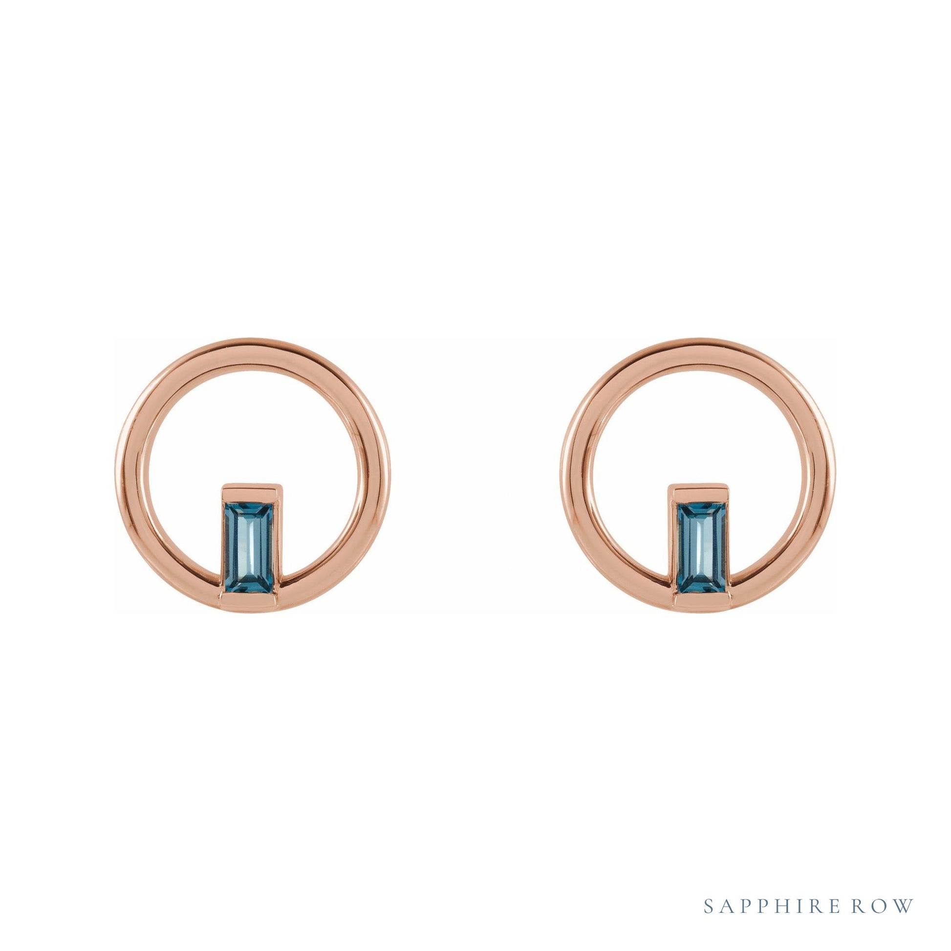 Sapphire Row Natural Gemstone Baguette Circle Earrings - London Blue Topaz, 14K Rose Gold (view 2)