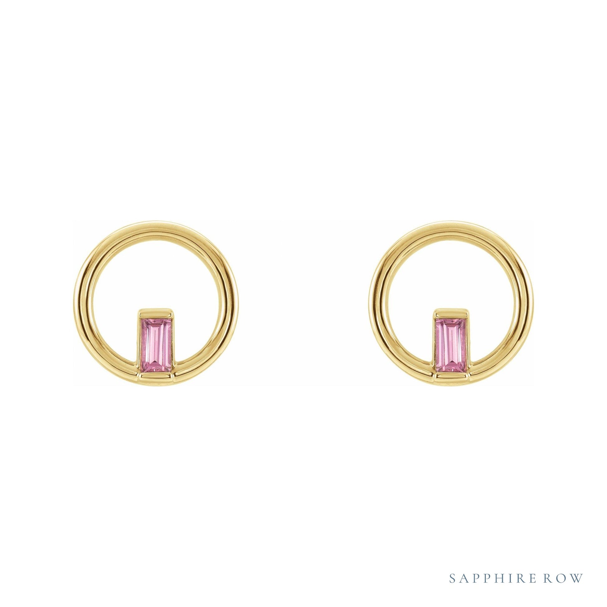 Sapphire Row Natural Gemstone Baguette Circle Earrings - Pink Tourmaline, 14K Yellow Gold (view 2)