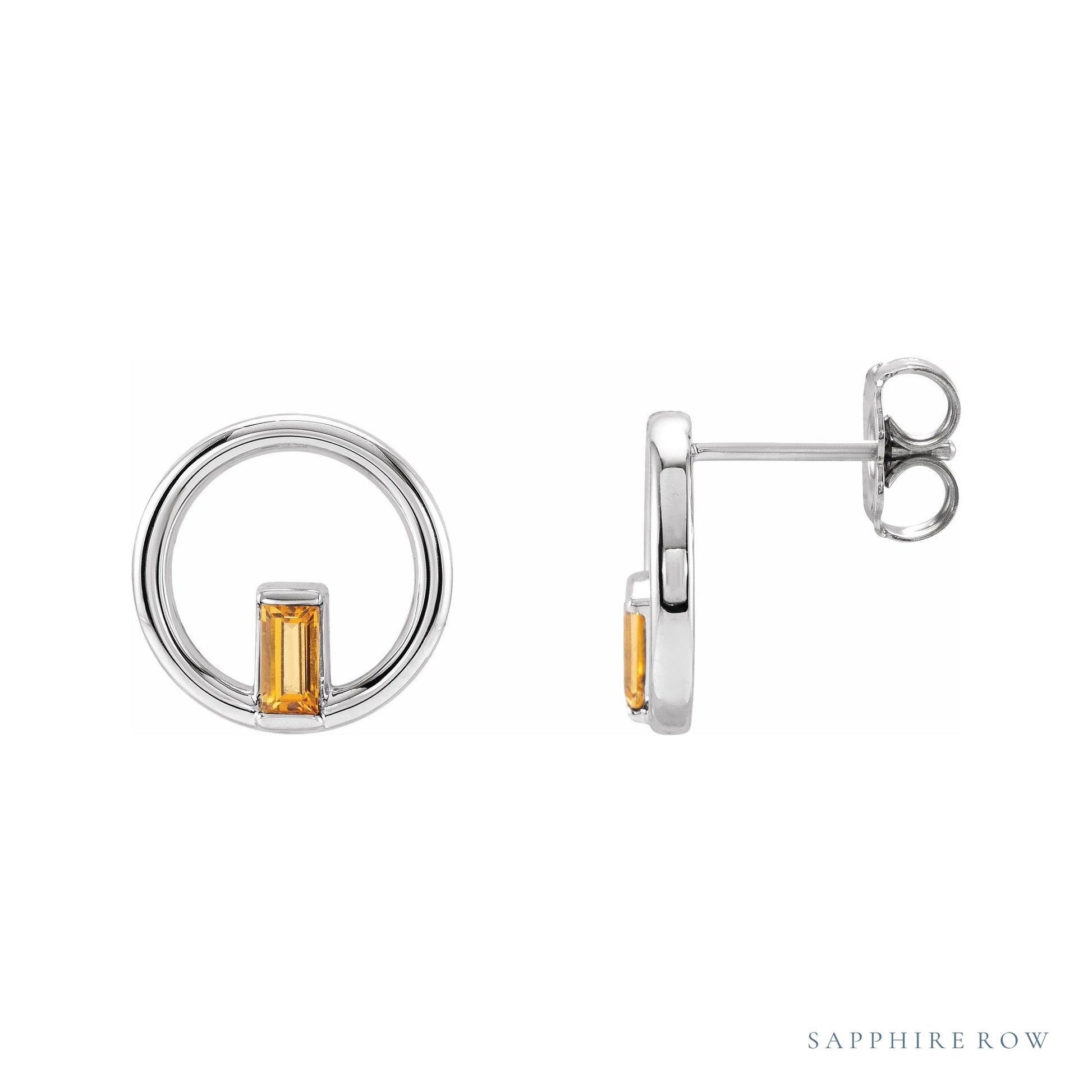 Sapphire Row Natural Gemstone Baguette Circle Earrings - Citrine, Platinum