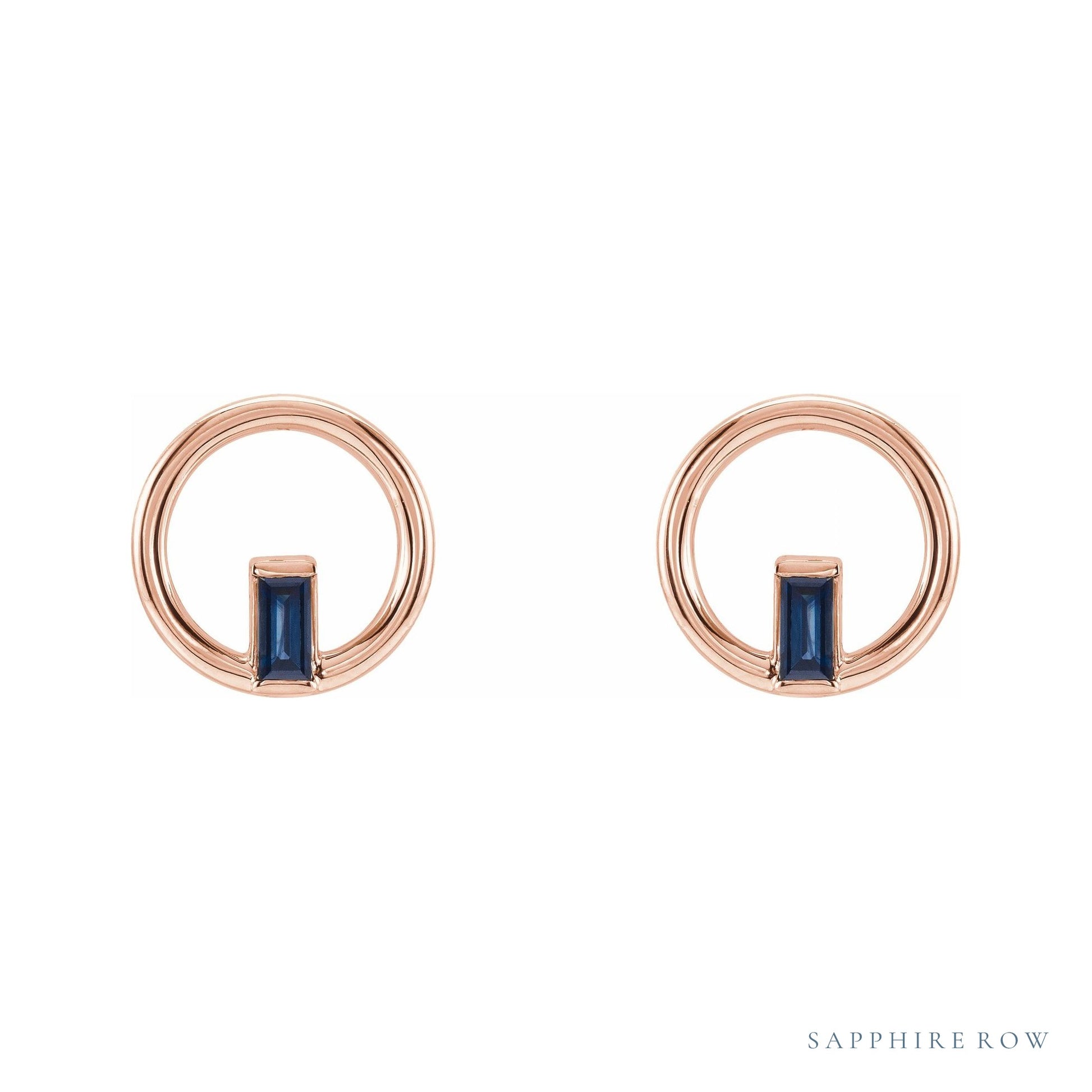 Sapphire Row Natural Gemstone Baguette Circle Earrings - Blue Sapphire, 14K Rose Gold (view 2)