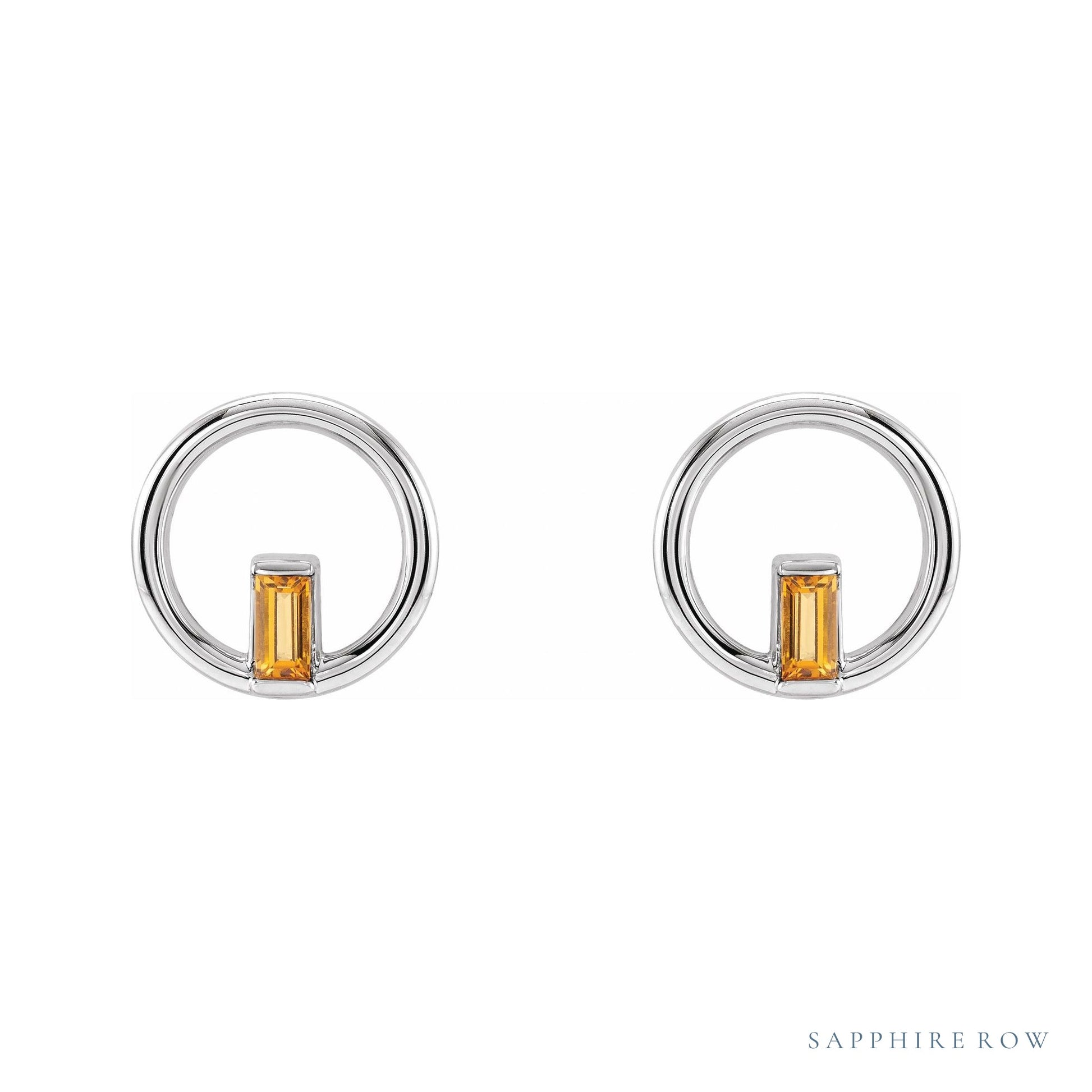 Sapphire Row Natural Gemstone Baguette Circle Earrings - Citrine, 14K White Gold (view 2)