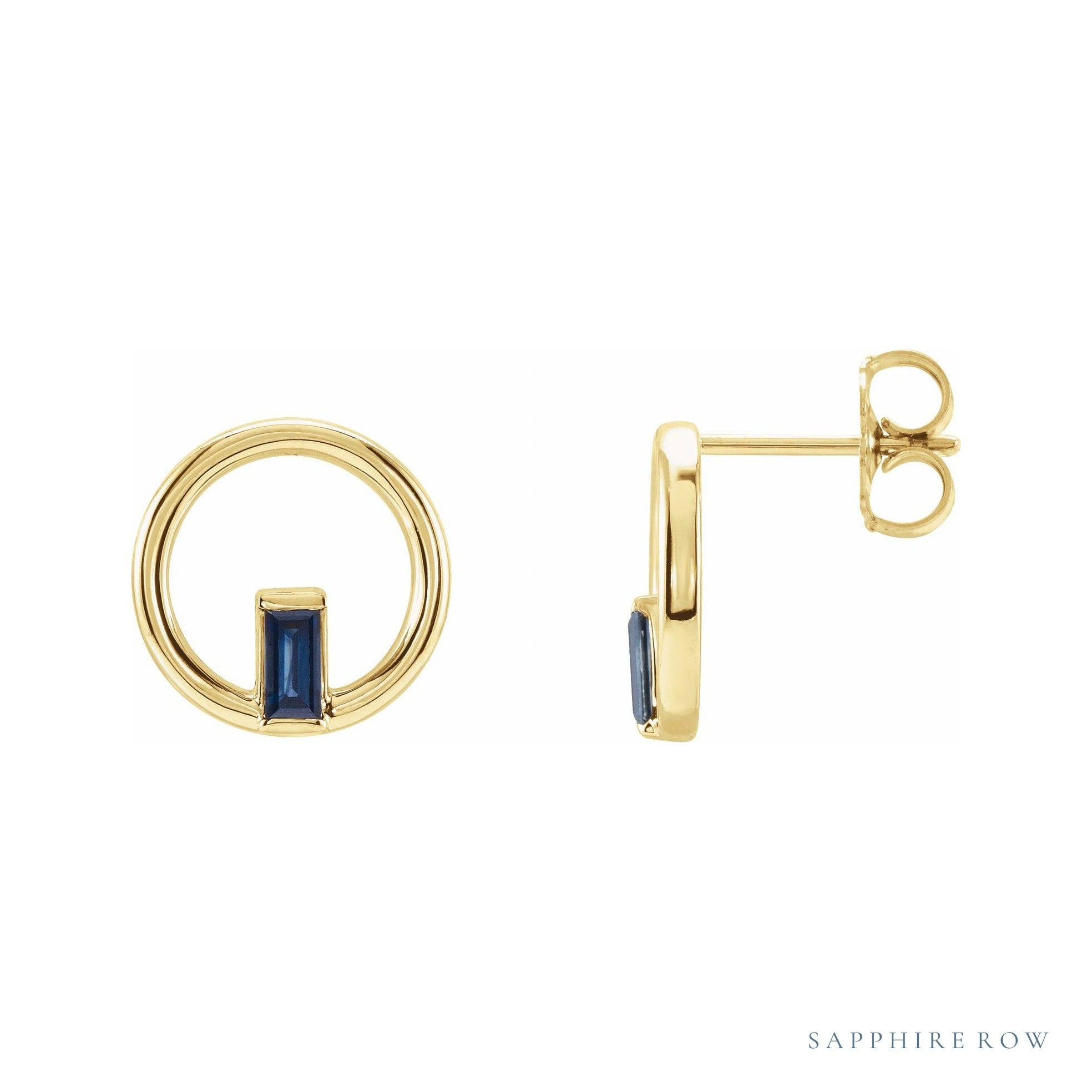 Sapphire Row Natural Gemstone Baguette Circle Earrings - Blue Sapphire, 14K Yellow Gold