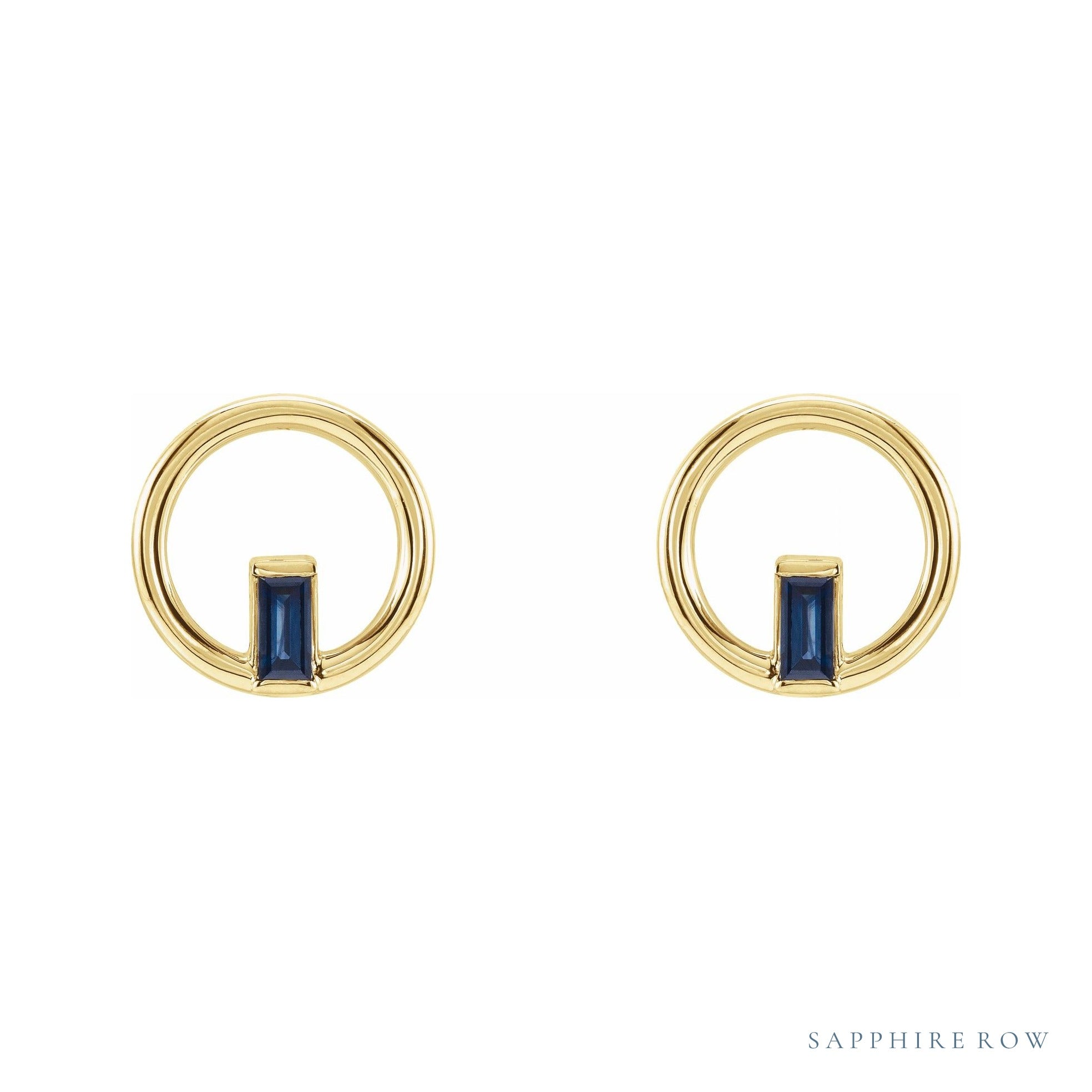 Sapphire Row Natural Gemstone Baguette Circle Earrings - Blue Sapphire, 14K Yellow Gold (view 2)