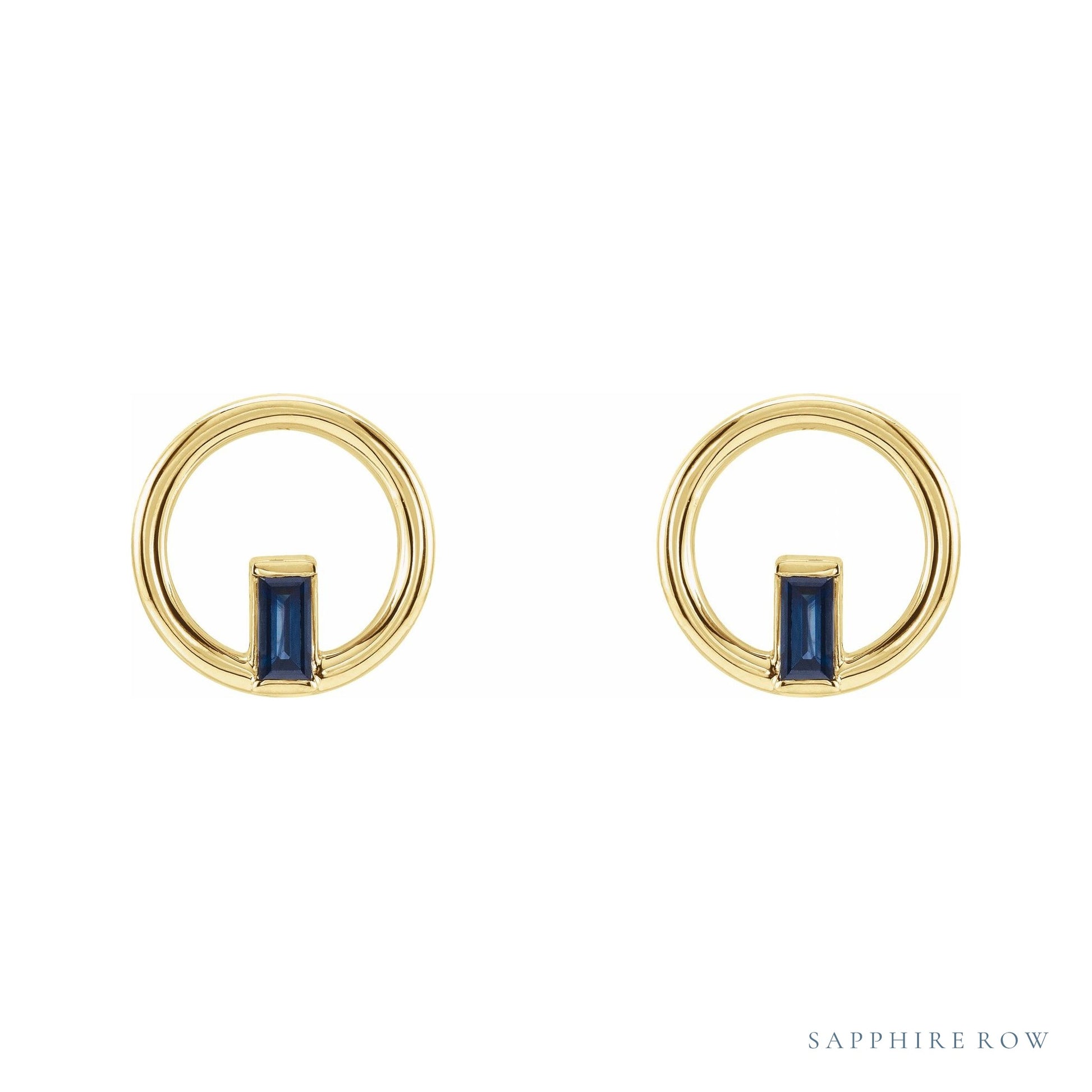 Sapphire Row Natural Gemstone Baguette Circle Earrings - Blue Sapphire, 14K Yellow Gold (view 2)