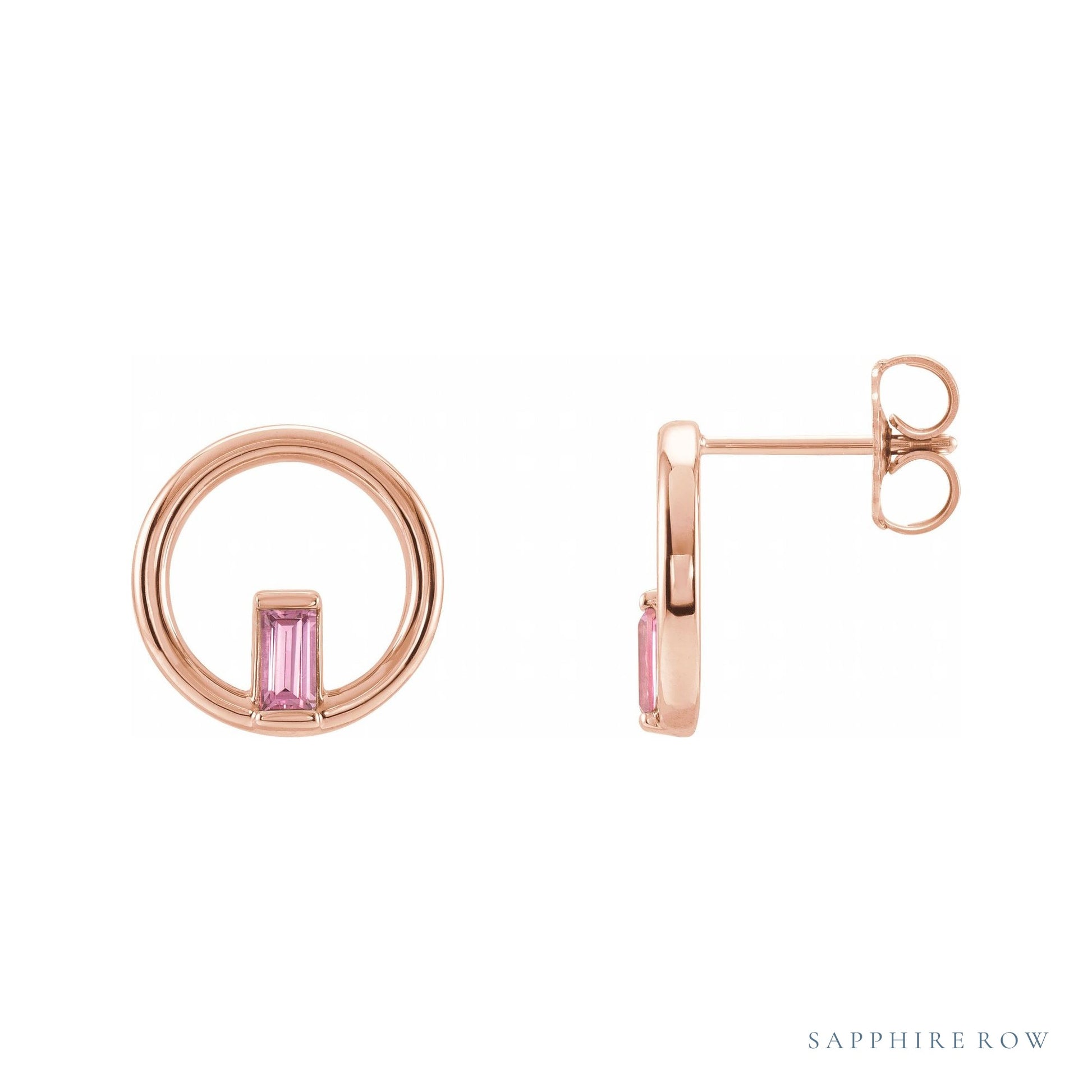 Sapphire Row Natural Gemstone Baguette Circle Earrings - Pink Tourmaline, 14K Rose Gold