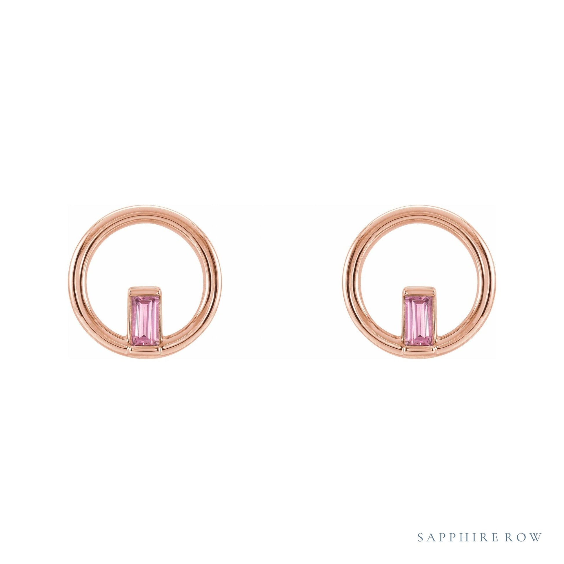 Sapphire Row Natural Gemstone Baguette Circle Earrings - Pink Tourmaline, 14K Rose Gold (view 2)
