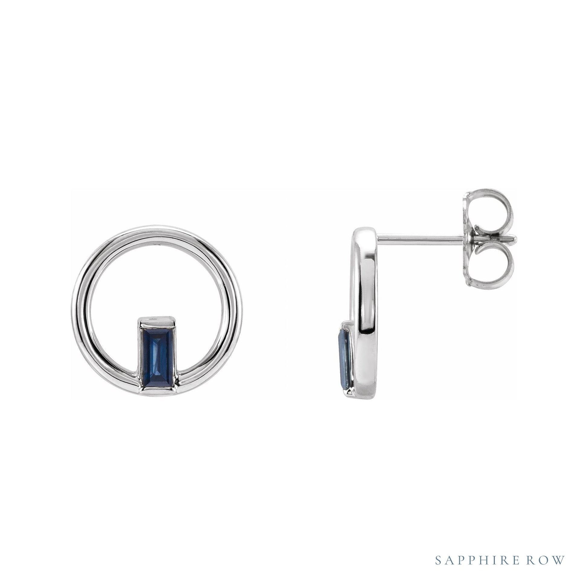 Sapphire Row Natural Gemstone Baguette Circle Earrings - Blue Sapphire, 14K White Gold
