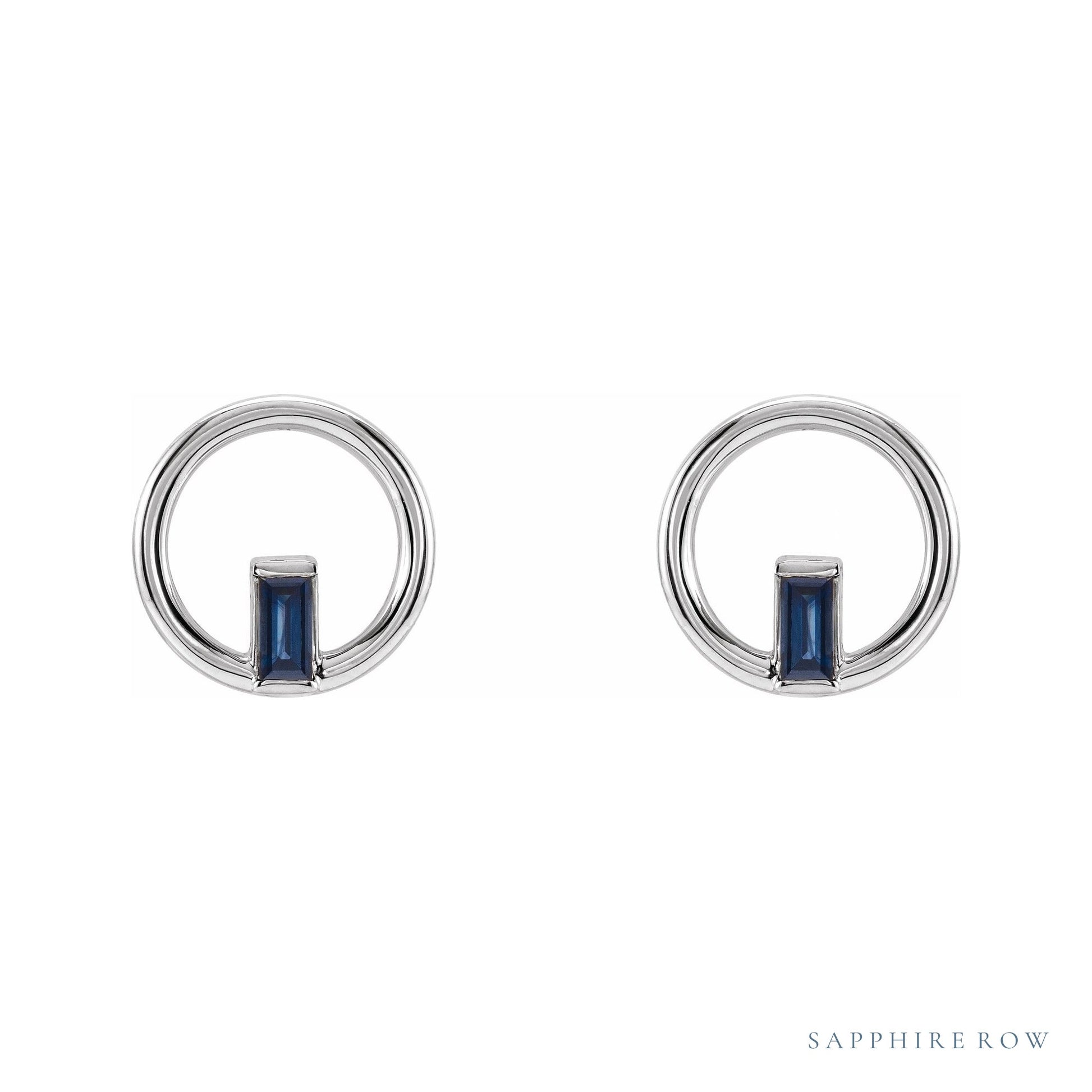 Sapphire Row Natural Gemstone Baguette Circle Earrings - Blue Sapphire, 14K White Gold (view 2)