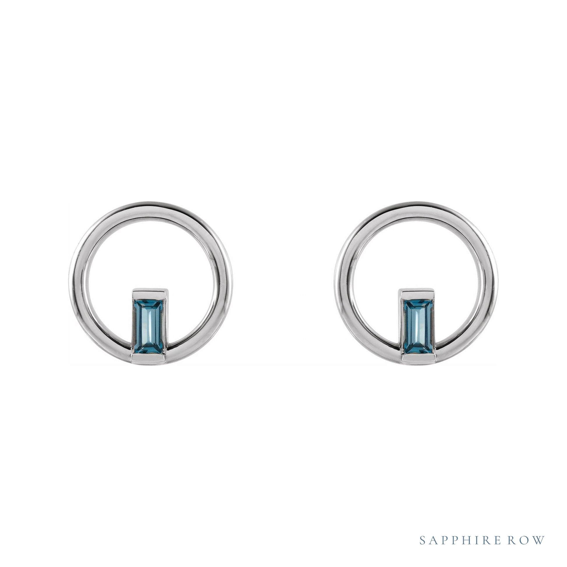 Sapphire Row Natural Gemstone Baguette Circle Earrings - London Blue Topaz, Platinum (view 2)