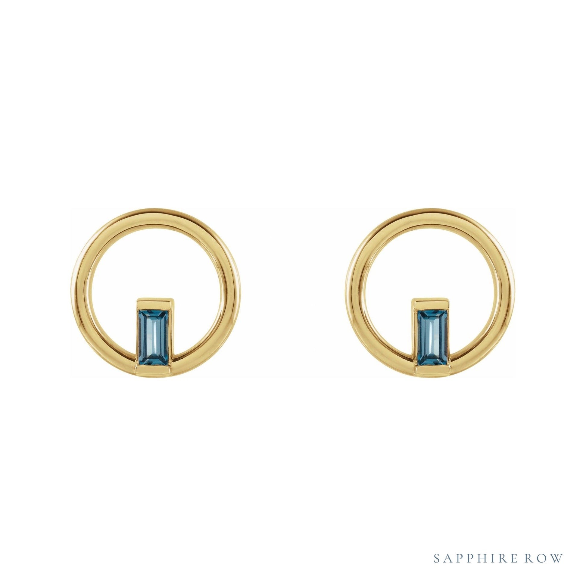 Sapphire Row Natural Gemstone Baguette Circle Earrings - London Blue Topaz, 14K Yellow Gold (view 2)