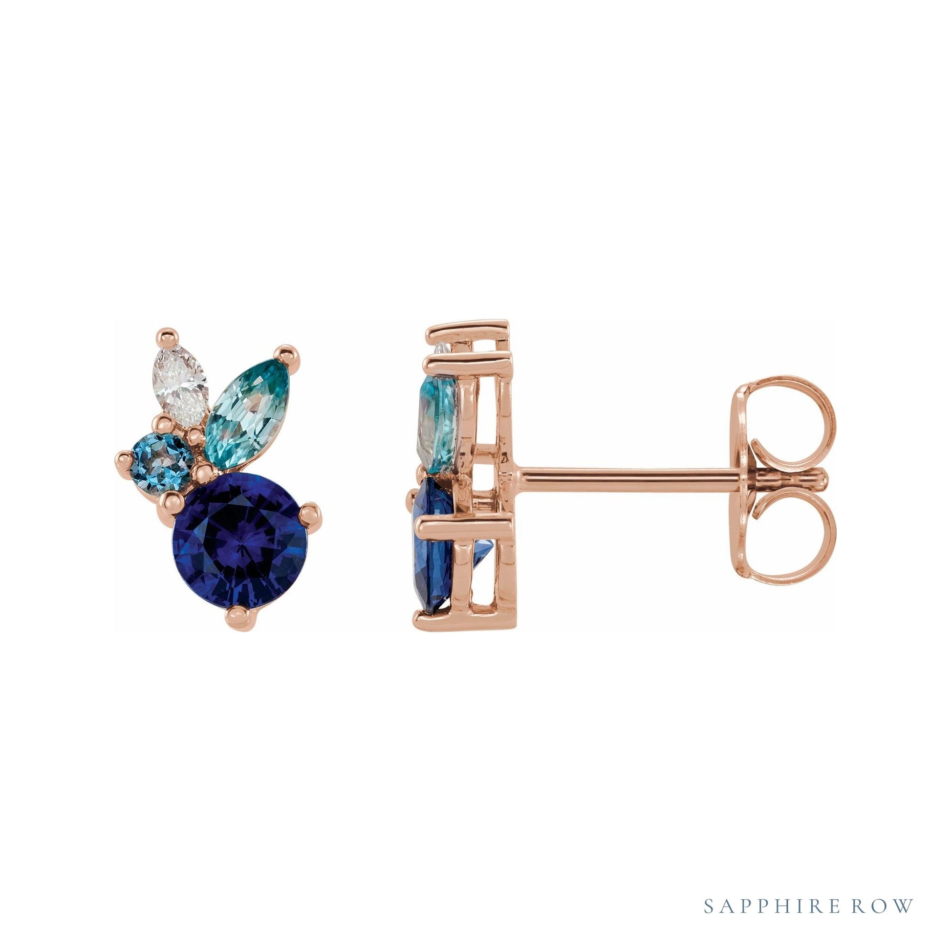 Sapphire Row Natural Blue Gemstone Bouquet Earrings - 14K Rose Gold