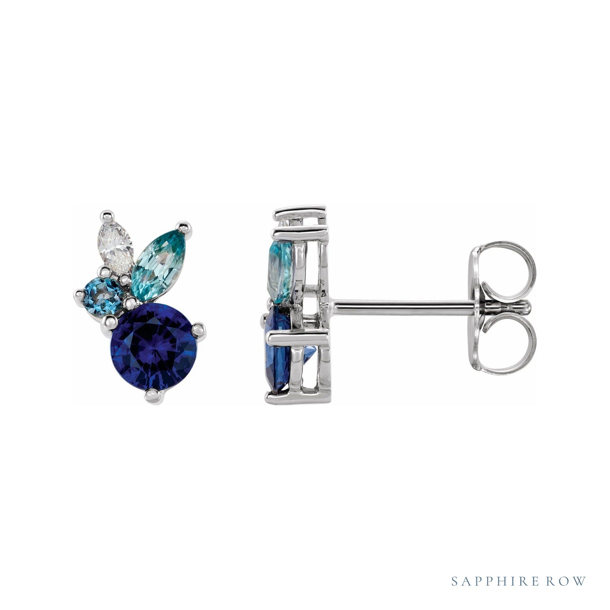 Sapphire Row Natural Blue Gemstone Bouquet Earrings - 14K White Gold