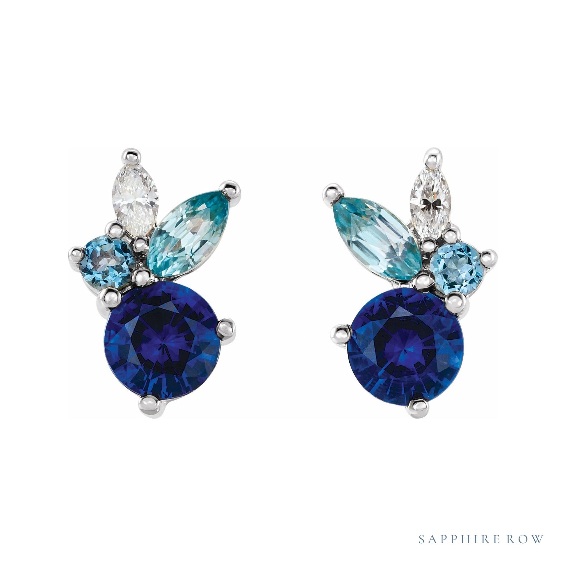 Sapphire Row Natural Blue Gemstone Bouquet Earrings - 14K White Gold (view 2)