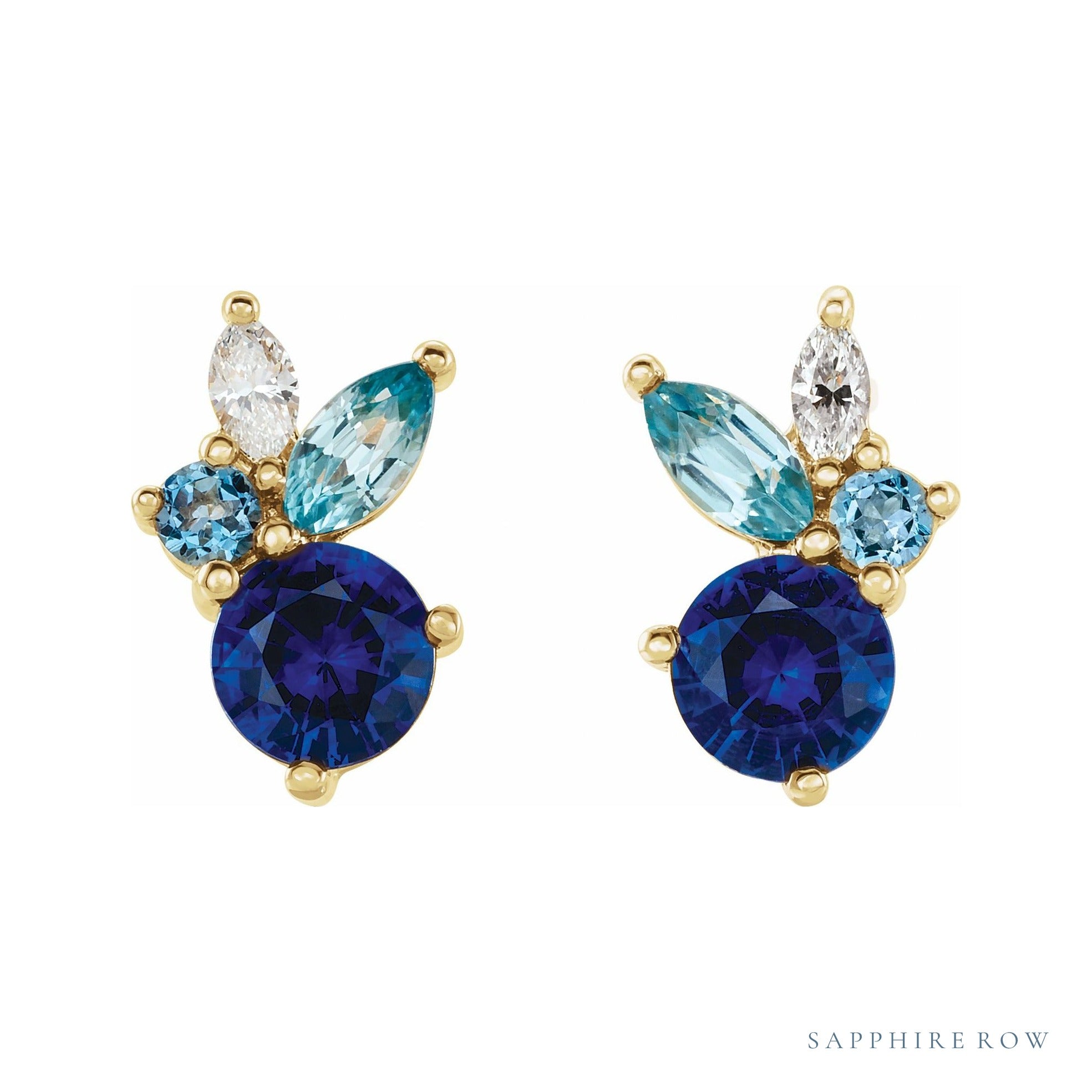 Sapphire Row Natural Blue Gemstone Bouquet Earrings - 14K Yellow Gold (view 2)
