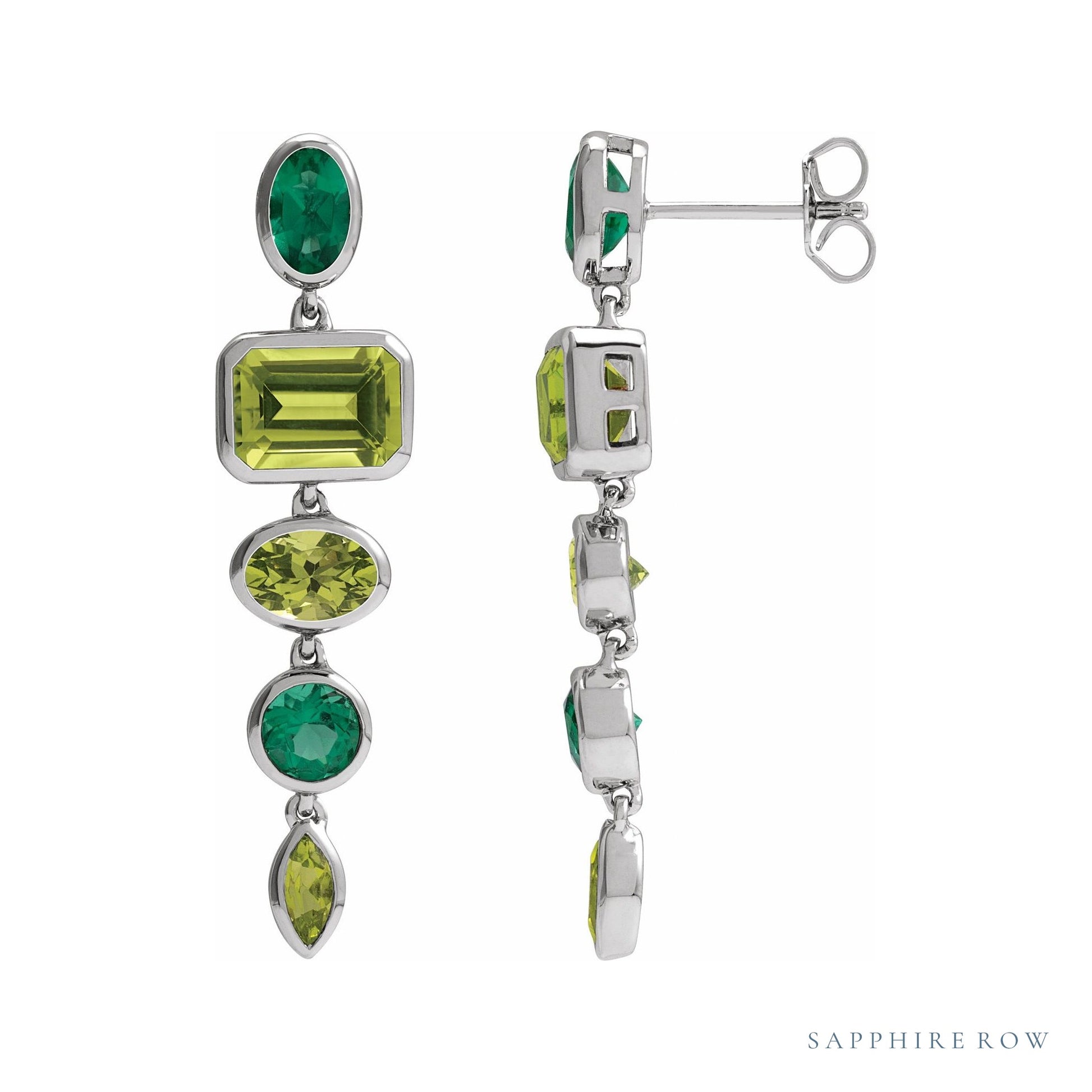 Sapphire Row Fancy Mixed-Cut Gemstone Dangle Earrings - Peridot & Emerald, 14K White Gold