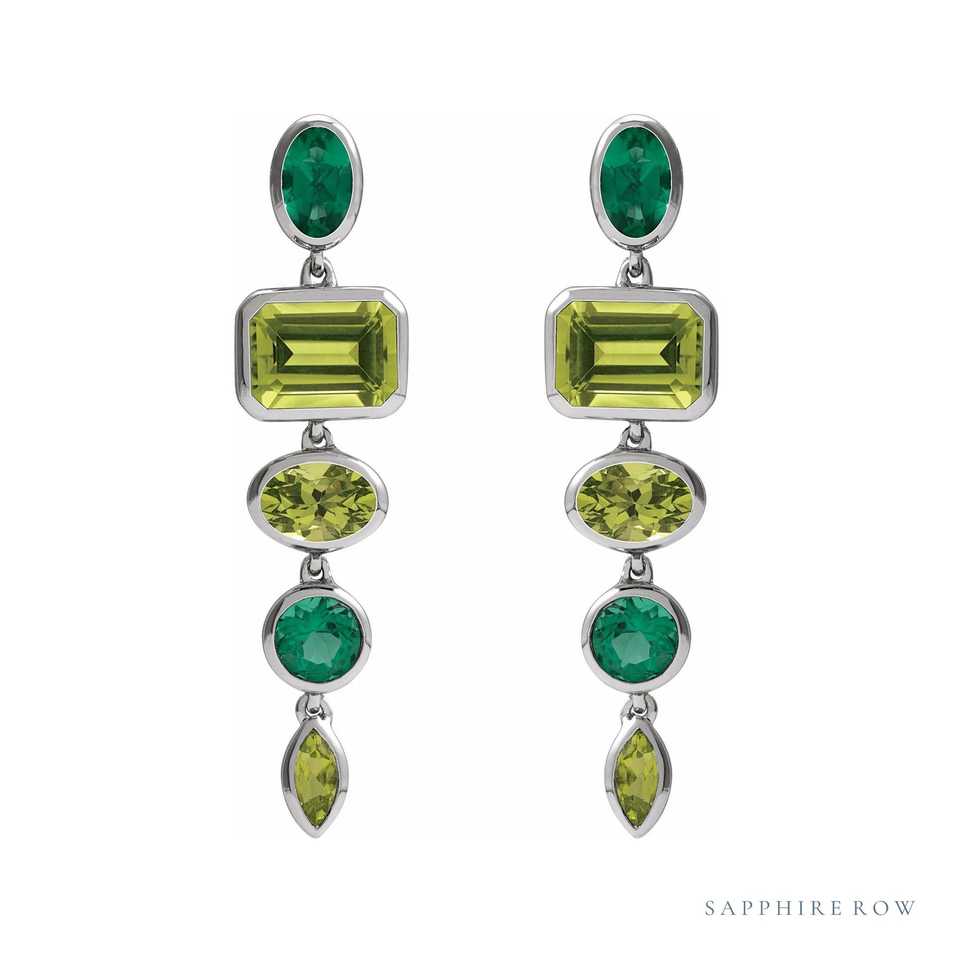 Sapphire Row Fancy Mixed-Cut Gemstone Dangle Earrings - Peridot & Emerald, 14K White Gold (view 2)