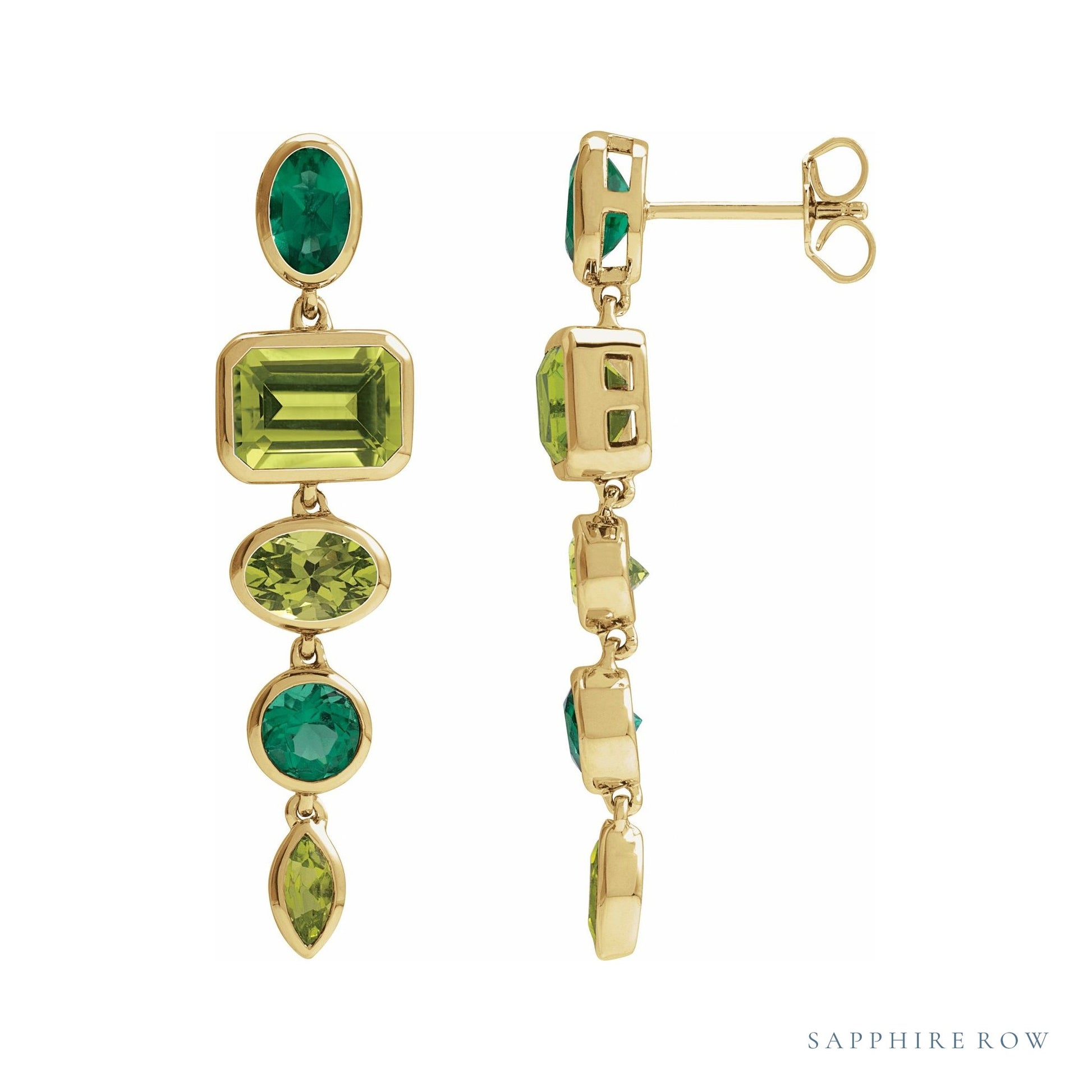 Sapphire Row Fancy Mixed-Cut Gemstone Dangle Earrings - Peridot & Emerald, 14K Yellow Gold