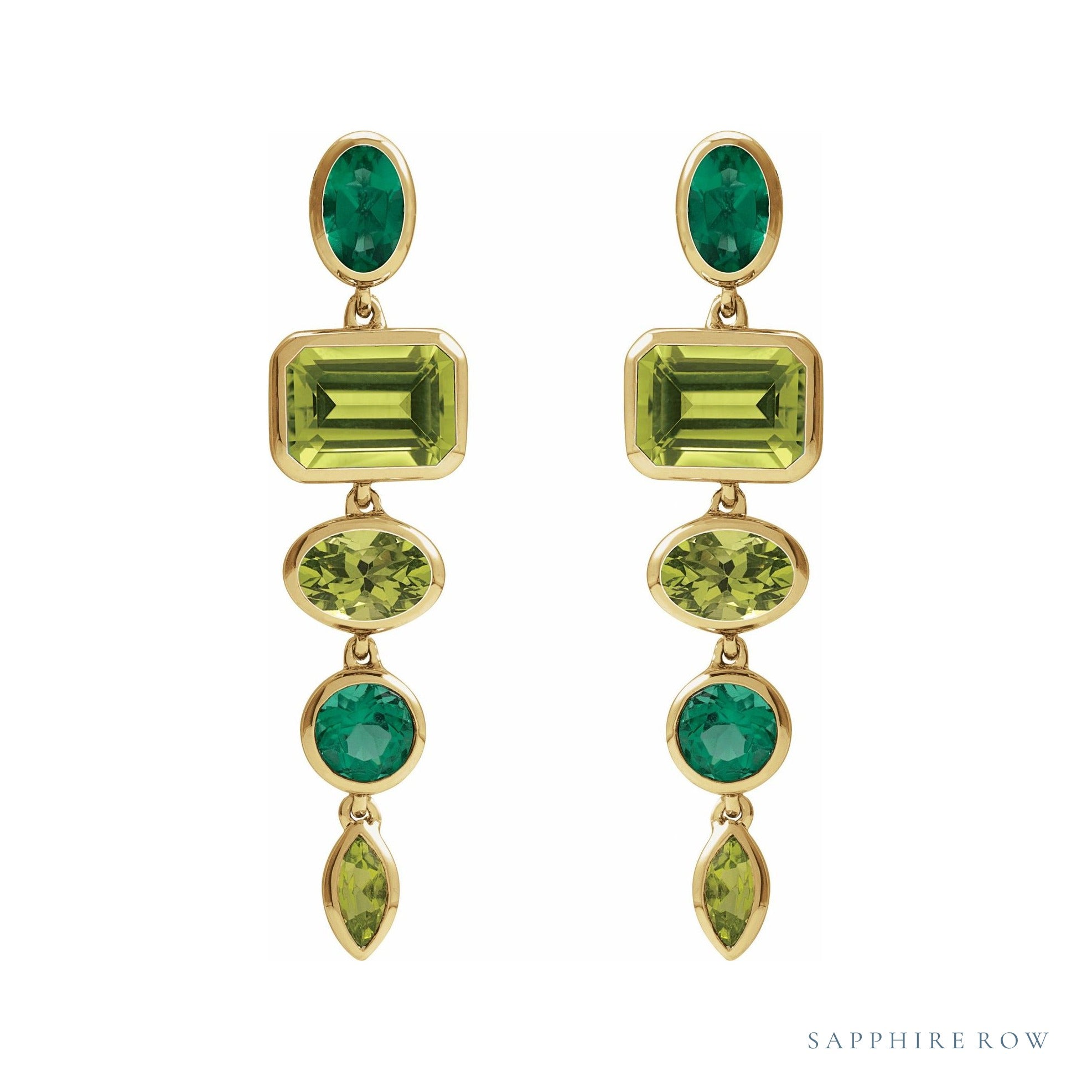 Sapphire Row Fancy Mixed-Cut Gemstone Dangle Earrings - Peridot & Emerald, 14K Yellow Gold (view 2)