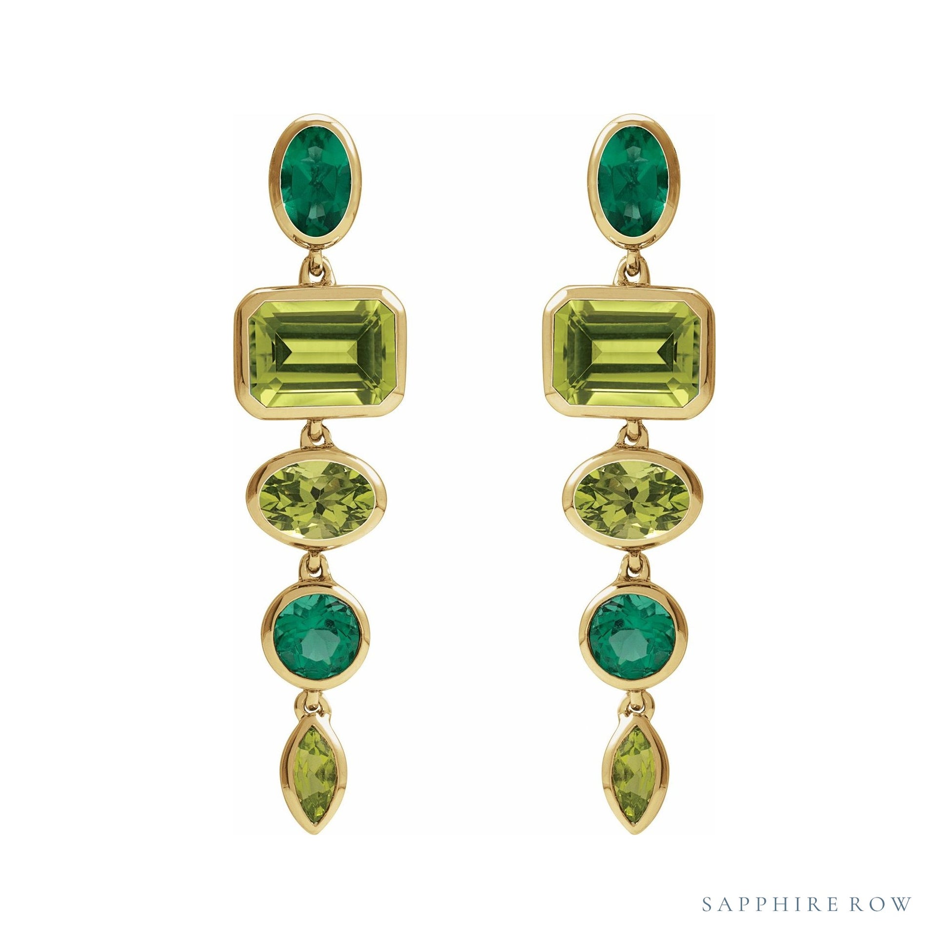 Sapphire Row Fancy Mixed-Cut Gemstone Dangle Earrings - Peridot & Emerald, 14K Yellow Gold (view 2)