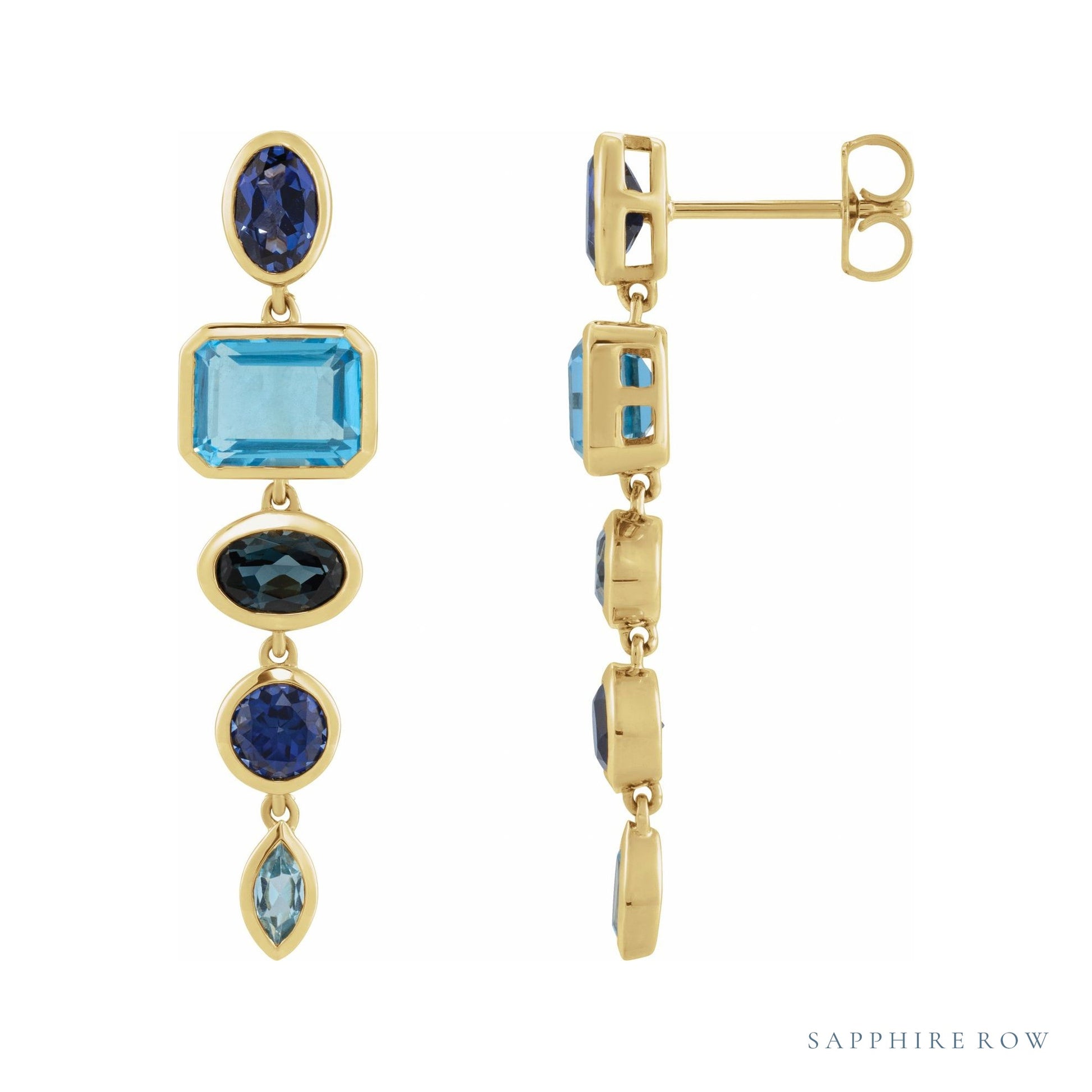 Sapphire Row Fancy Mixed-Cut Gemstone Dangle Earrings - Blue Sapphire & Topaz, 14K Yellow Gold
