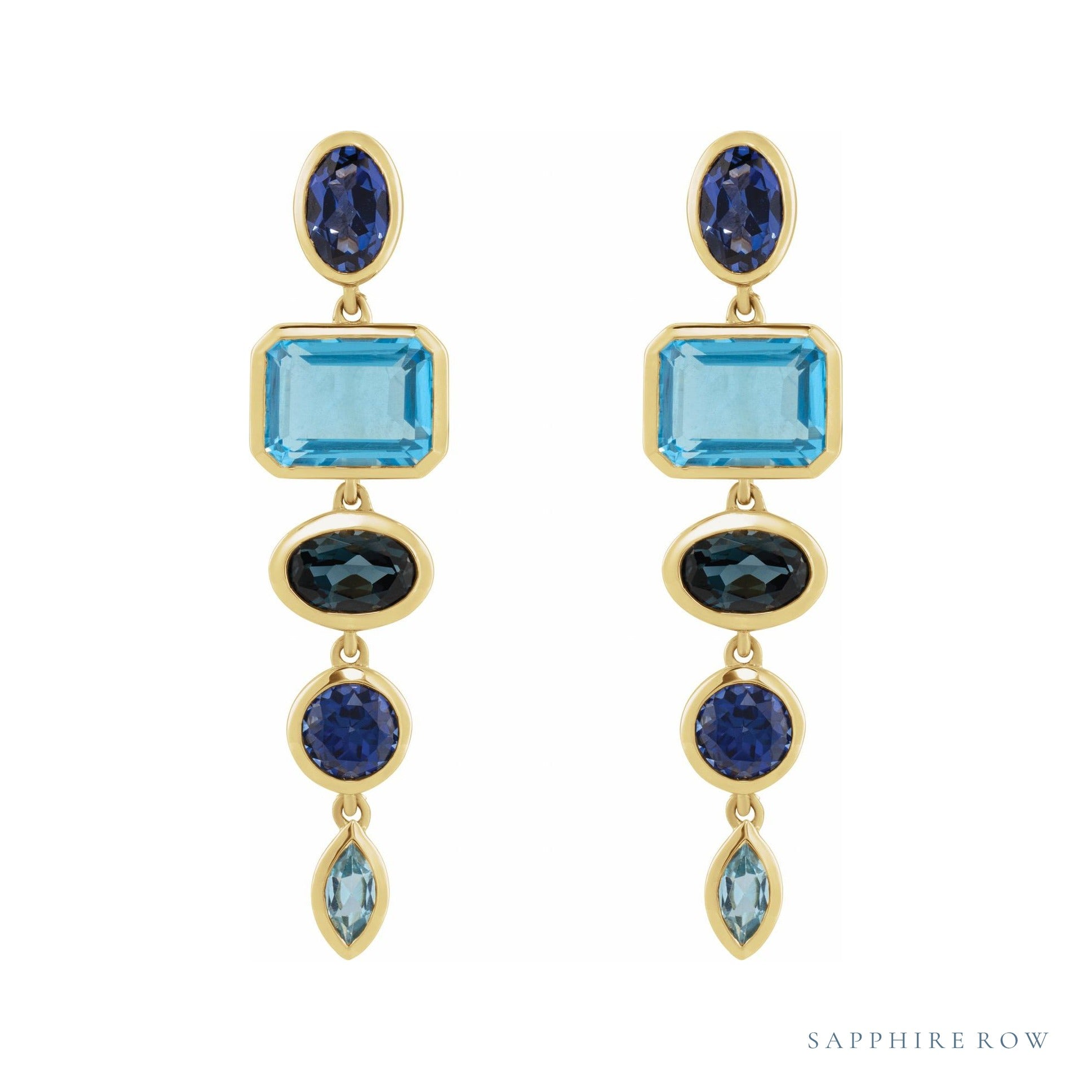 Sapphire Row Fancy Mixed-Cut Gemstone Dangle Earrings - Blue Sapphire & Topaz, 14K Yellow Gold (view 2)